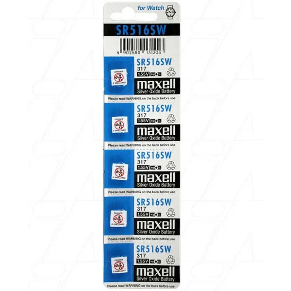 Maxell 317 SR516SW Watch Battery 5 Pack - Silver Oxide Button Cell Batteries for Watches, Calculators & Small Electronics