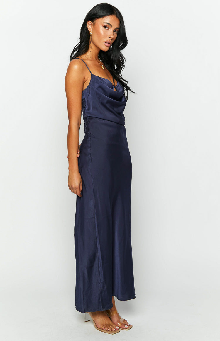 Elegant Navy Blue Formal Maxi Dress for Women - Perfect for Fall Weddings, Evening Parties & Special Occasions