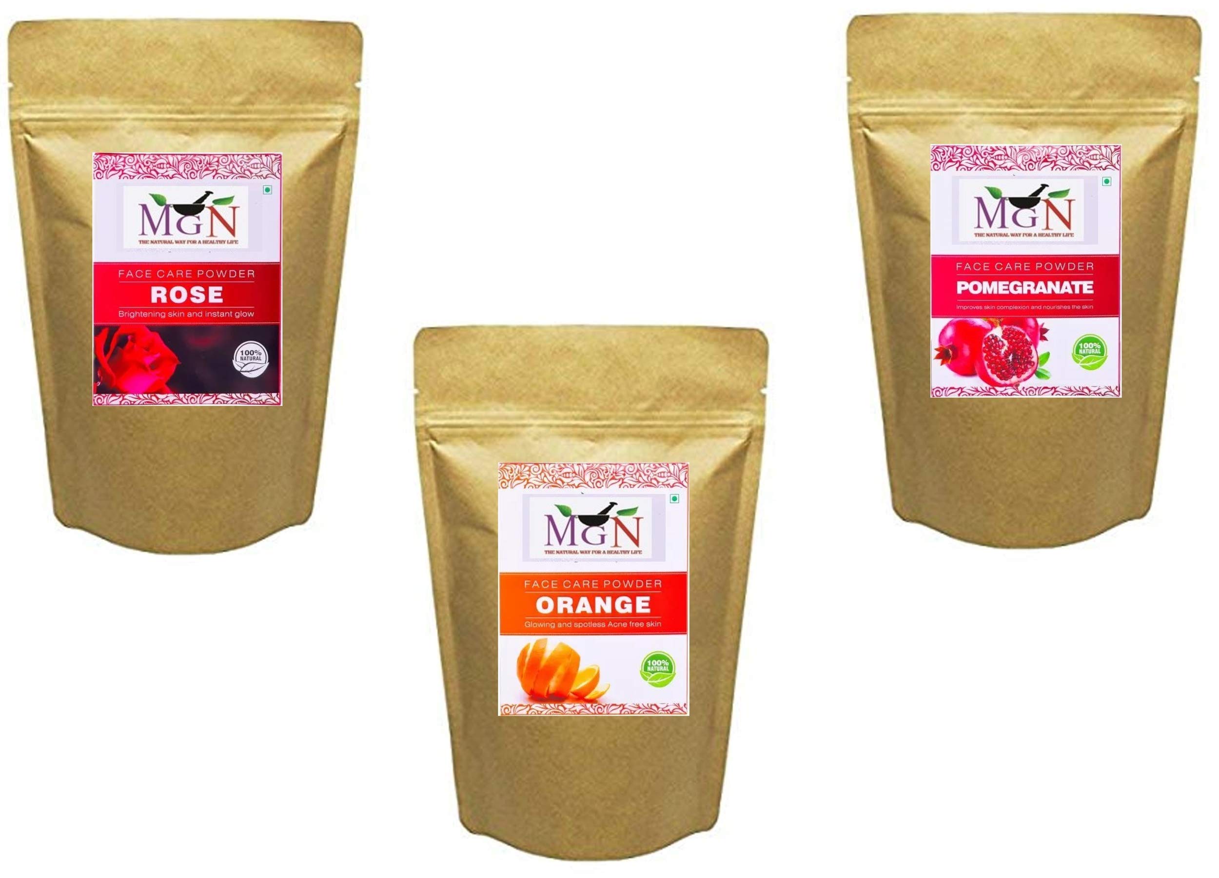 MG Naturals Organic Rose Powder, Pomegranate Powder & Orange Powder - 100g Each | Superfood for Smoothies, Baking & Skincare DIY