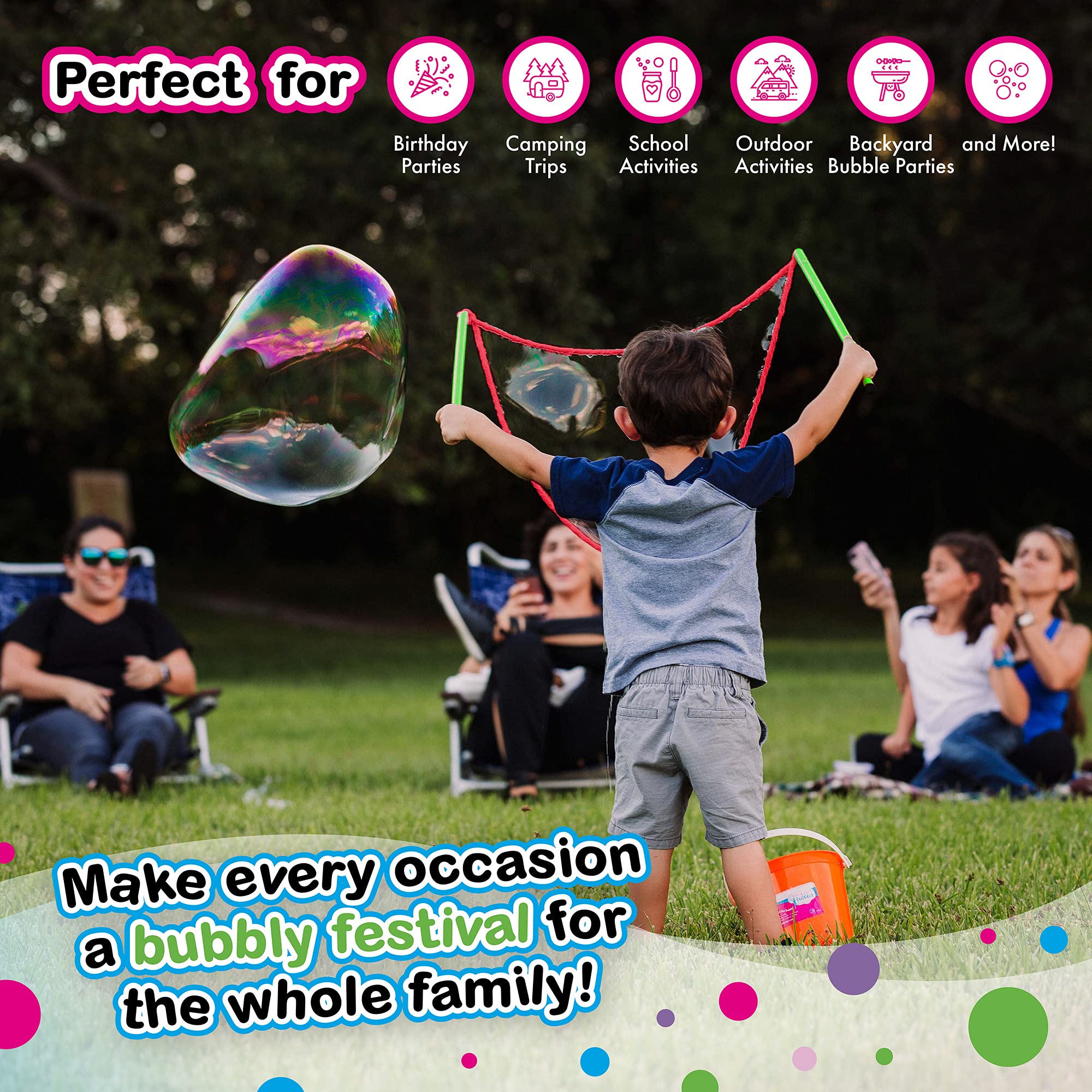 WOWMAZING Giant Bubbles Kit for Kids - Extra Large Bubble Wand & Premium Bubble Solution (Makes 1.5 Gallon) - Outdoor Play, Birthday Parties, Backyard Fun