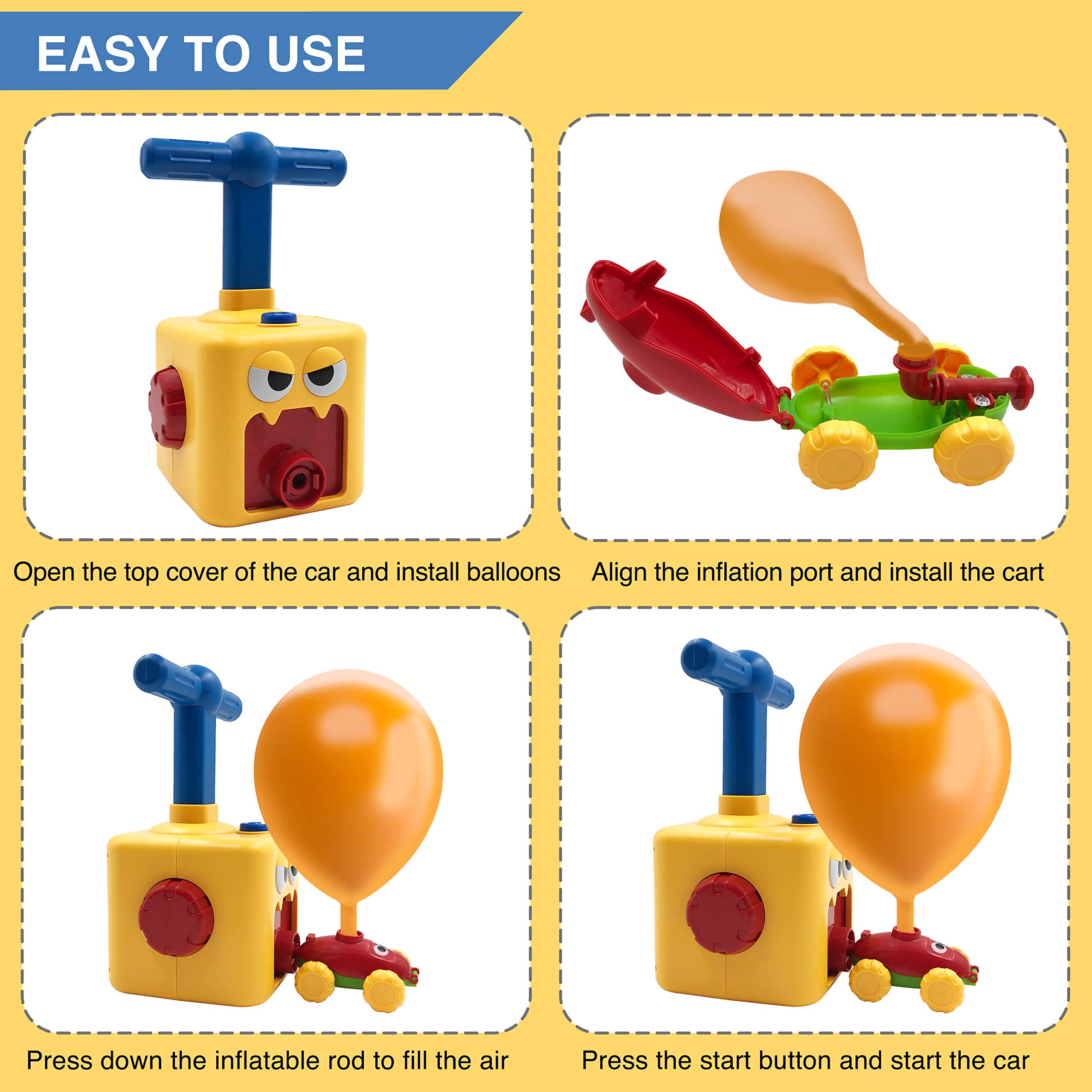 Balloon Car Toy Pump Set for Kids - Fun Balloon Power Launcher STEM Toy | Yellow Balloon Launcher Vehicle | Great Birthday & Holiday Gift for Boys & Girls | Outdoor Play & Science Learning Activity