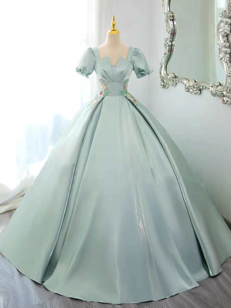 Elegant A-Line Satin Lace Applique Green Long Prom Dress | Formal Evening Gown for Homecoming, Wedding, Ball | Perfect for Special Occasions & Red Carpet Events