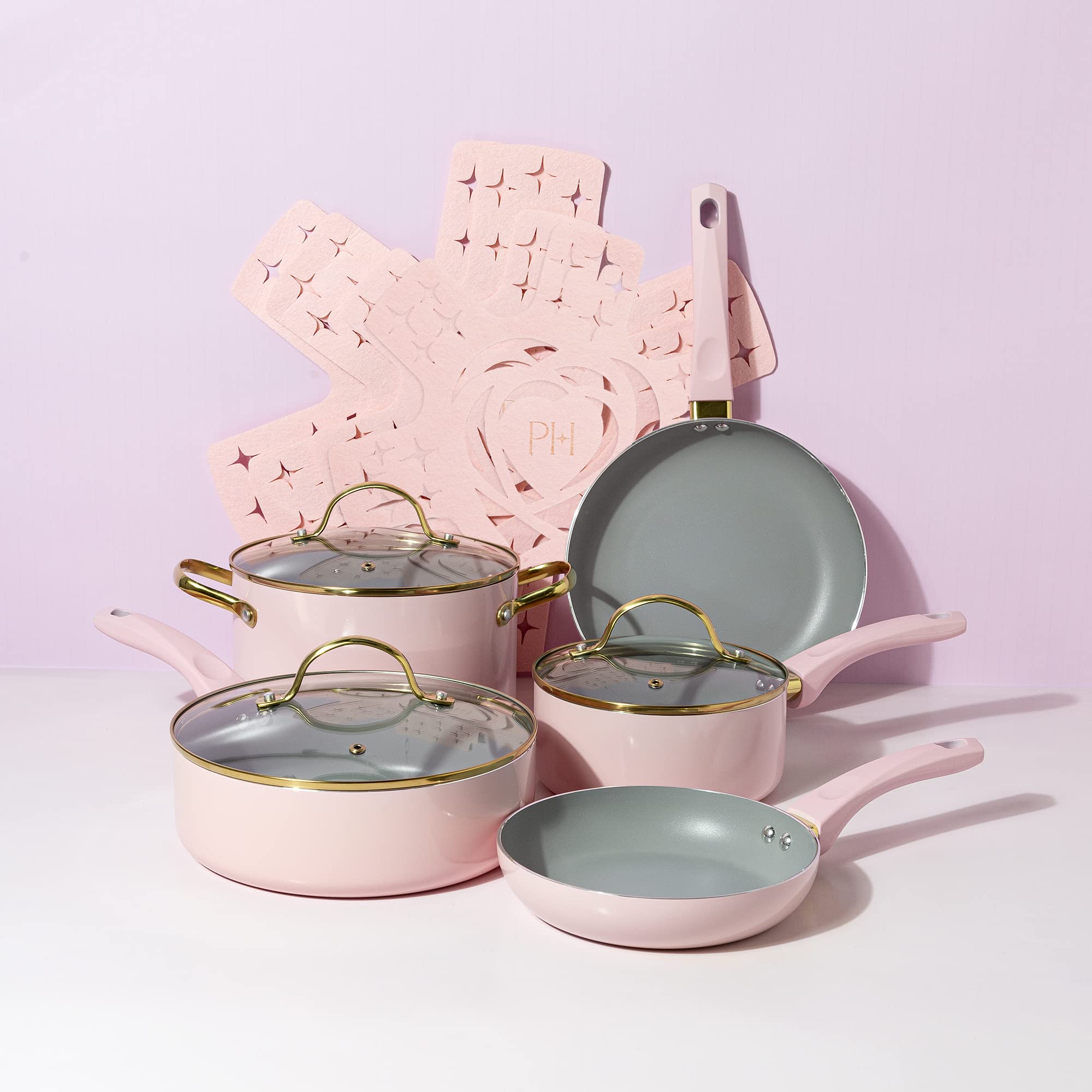 Paris Hilton 12-Piece Nonstick Cookware Set - PFOA-Free, Multi-Layer Coating, Tempered Glass Lids & Cool-Touch Handles - Dishwasher Safe Pink Pots and Pans for Everyday Cooking & Gourmet Meals