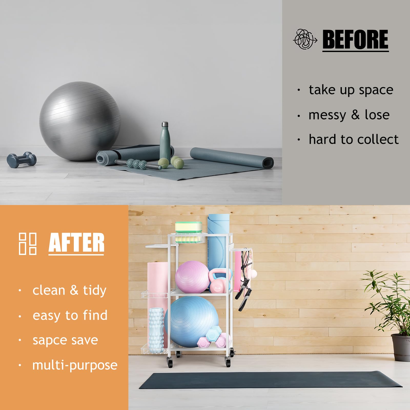 LIANTRAL Dumbbell Rack & Yoga Mat Organizer - Heavy Duty Home Gym Equipment Storage with Hooks & Wheels for Dumbbells, Yoga Mats, Exercise Balls - Perfect for Garage, Basement & Home Workout Spaces