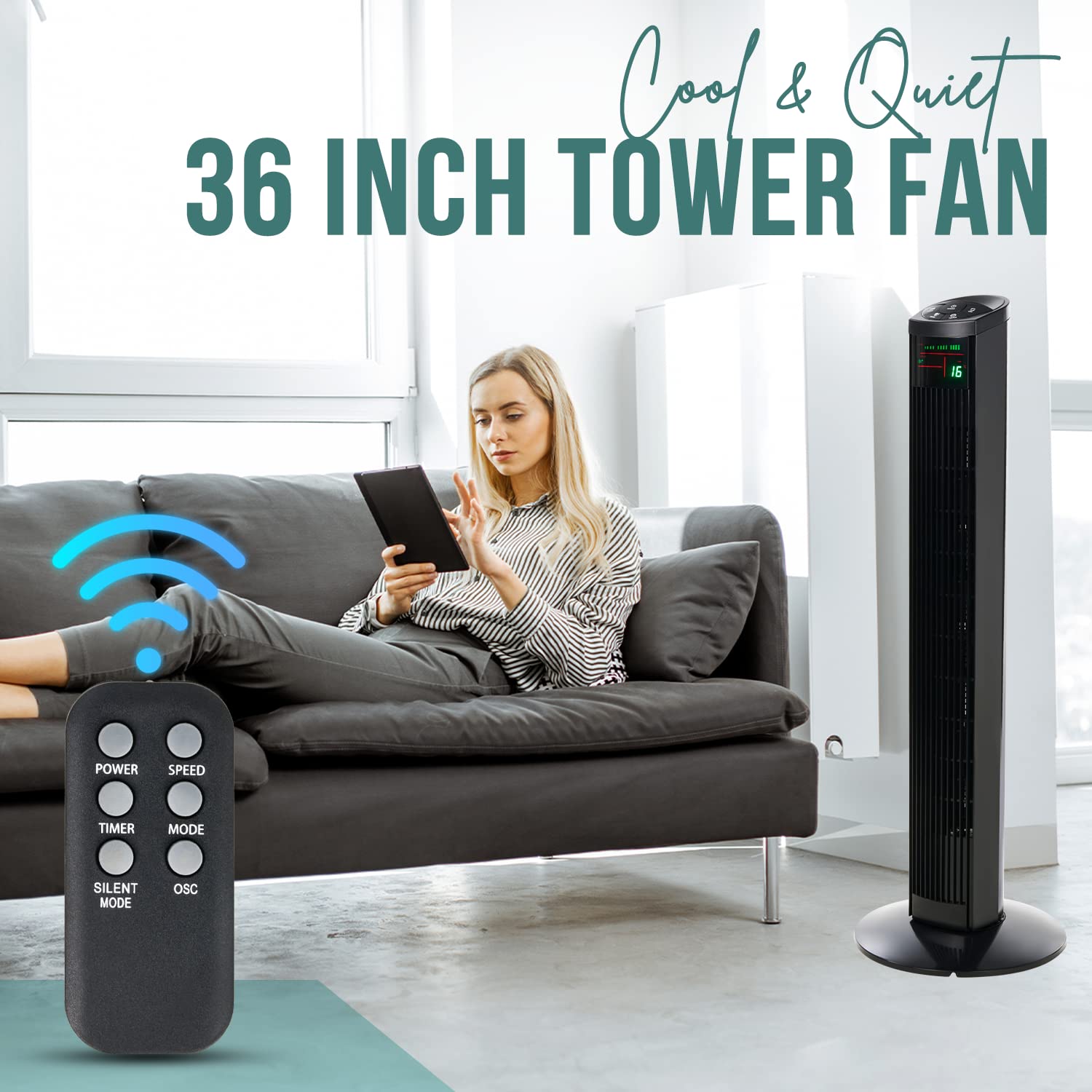 SA Products 36” Oscillating Tower Fan with Remote - 3 Speed Settings, 3 Modes, LED Display & Timer - Ultra Quiet Standing Floor Fan for Bedroom, Office, Living Room - Perfect for Home Cooling, Nursery & Workspaces - Black
