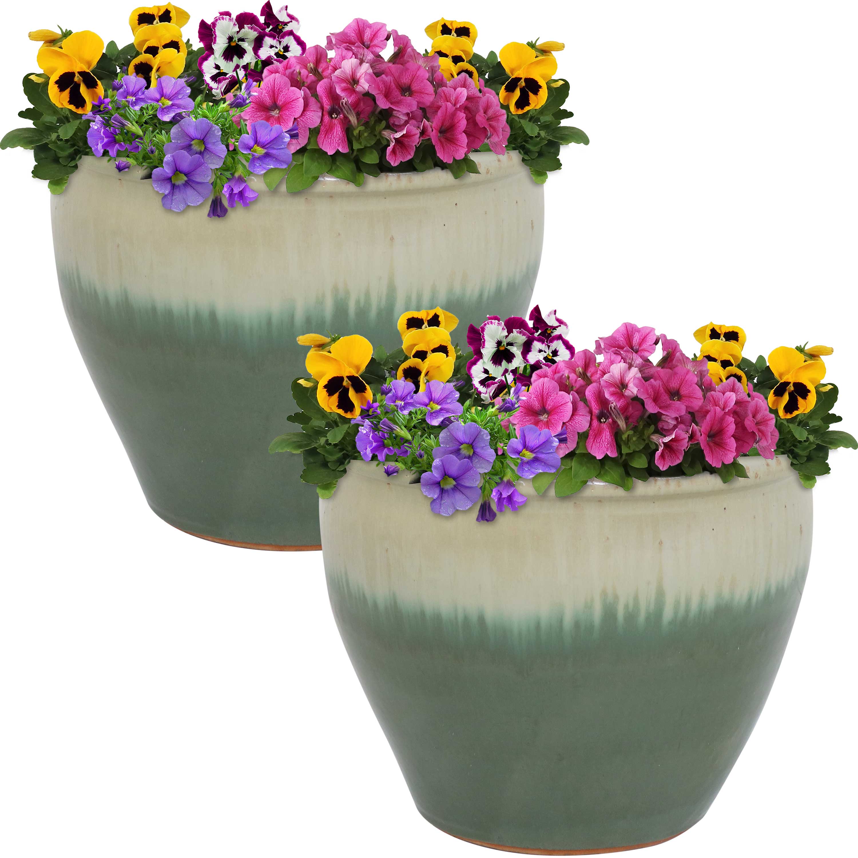 Sunnydaze Chalet Glazed Ceramic Plant Pots with Drainage Holes - Set of 2, Indoor Outdoor Garden Decor for Flowers, Succulents, Herbs - Perfect for Patio, Balcony, and Home Décor