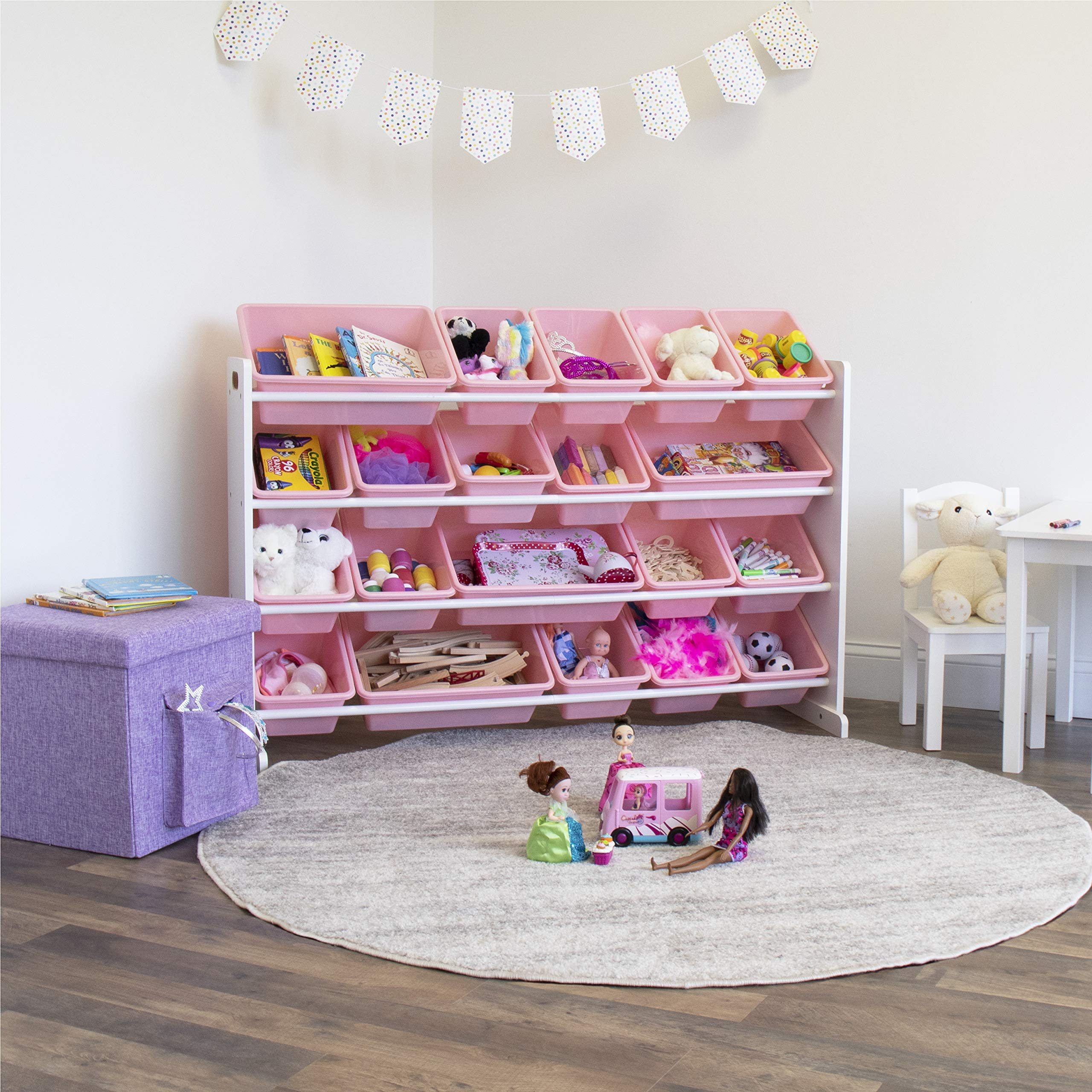 Humble Crew Kids Toy Organizer with 20 Storage Bins - White and Pink Toy Storage Solution for Playroom, Bedroom & Nursery Organization