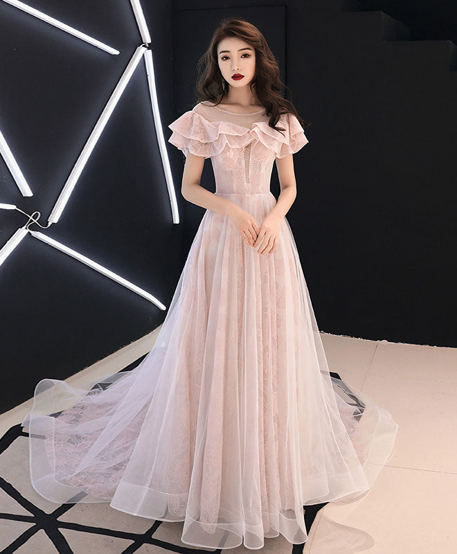 Elegant Pink Round Neck Tulle Lace Long Prom Dress - Formal Evening Gown for Homecoming, Ball, Wedding & Special Occasions
