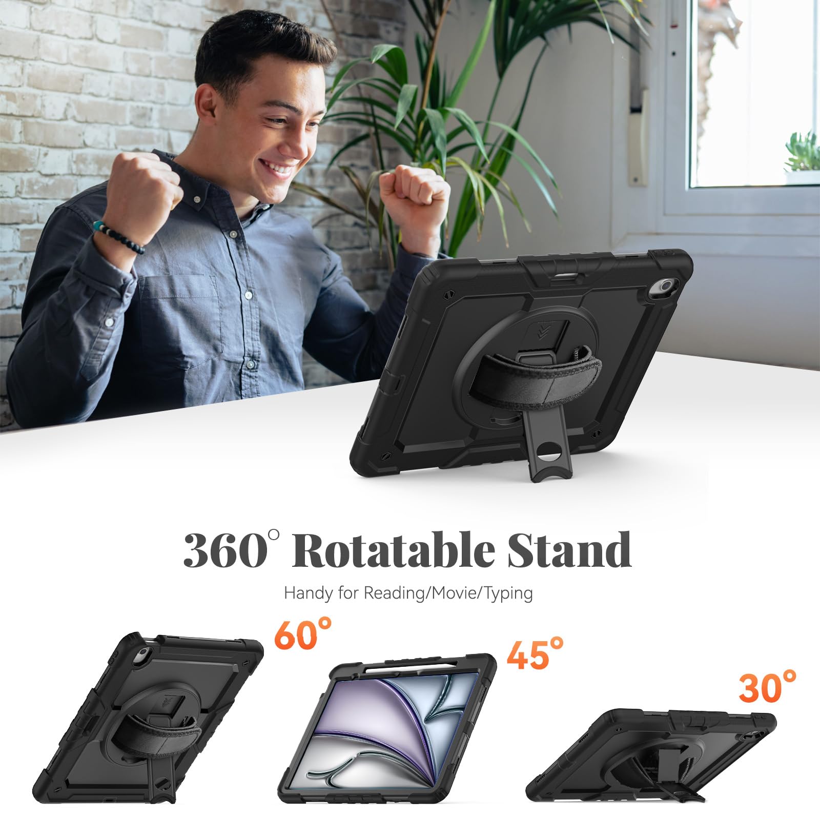 BLOSOMEET Rugged Protective Case for iPad Air 13 Inch (M3 2025 & M2 2024 Models) - Shockproof Cover with Built-in Stand, Pencil Holder & Shoulder Strap | Includes Tempered Glass Screen Protector | Perfect for Travel, Work & Outdoor Use (Black)