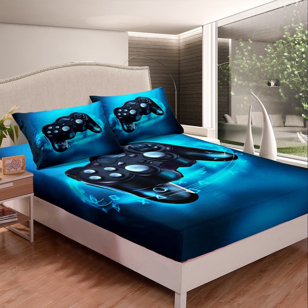 Full Size Gaming Bedding Set for Boys & Teens - Lightweight Breathable Video Game Themed Sheet Set (1 Fitted Sheet, 1 Flat Sheet, 2 Pillowcases) - Perfect for Game Rooms, Kids' Bedrooms & Sleepovers