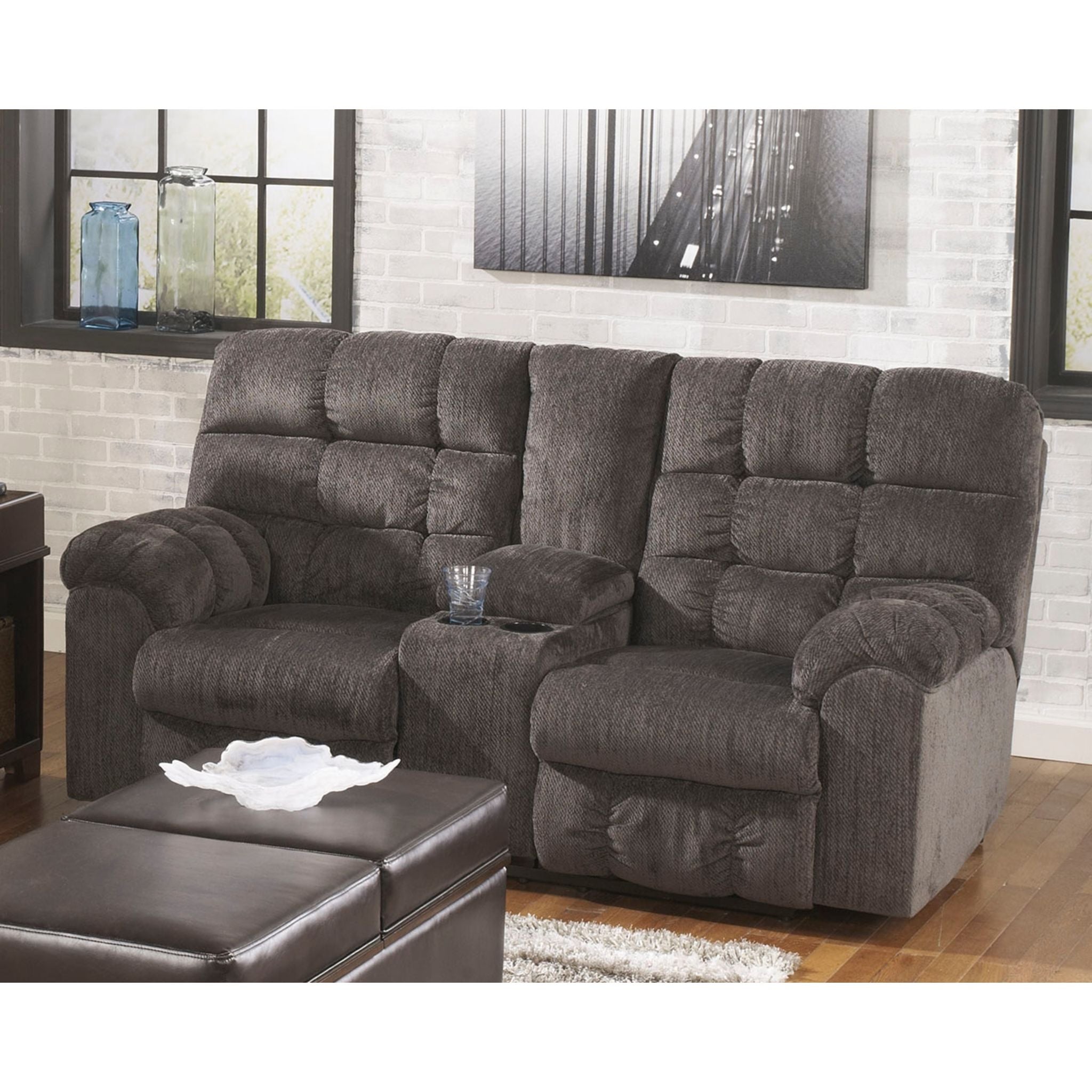 Acieona Reclining Loveseat with Console in Slate - Modern Small Space Living Room Furniture for Couples, Apartments & Cozy Spaces