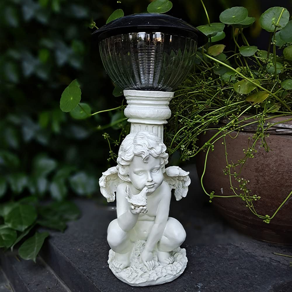 Solar Angel Statue - Outdoor Solar LED Cherub Garden Decor, Antique Resin Angel Figurine for Patio, Yard & Indoor Home Decor - Perfect for Garden Pathways, Terrace Lighting & Holiday Displays