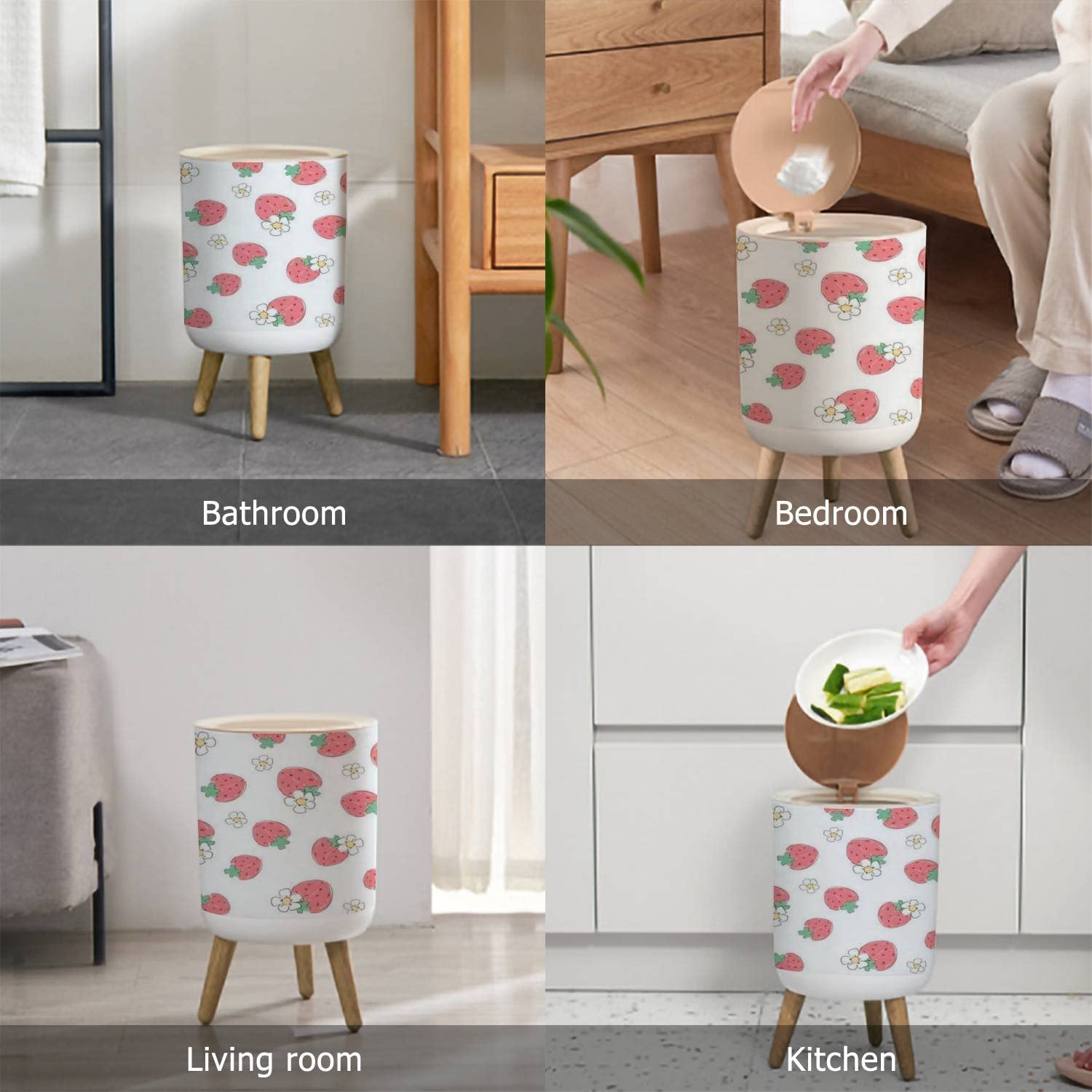 Strawberry Print Small Trash Can with Lid - 7L/1.8 Gallon Seamless Fruit Design Waste Bin with Wood Legs & Press Cover - Perfect for Kitchen, Bathroom, Office & Dorm Room Decor
