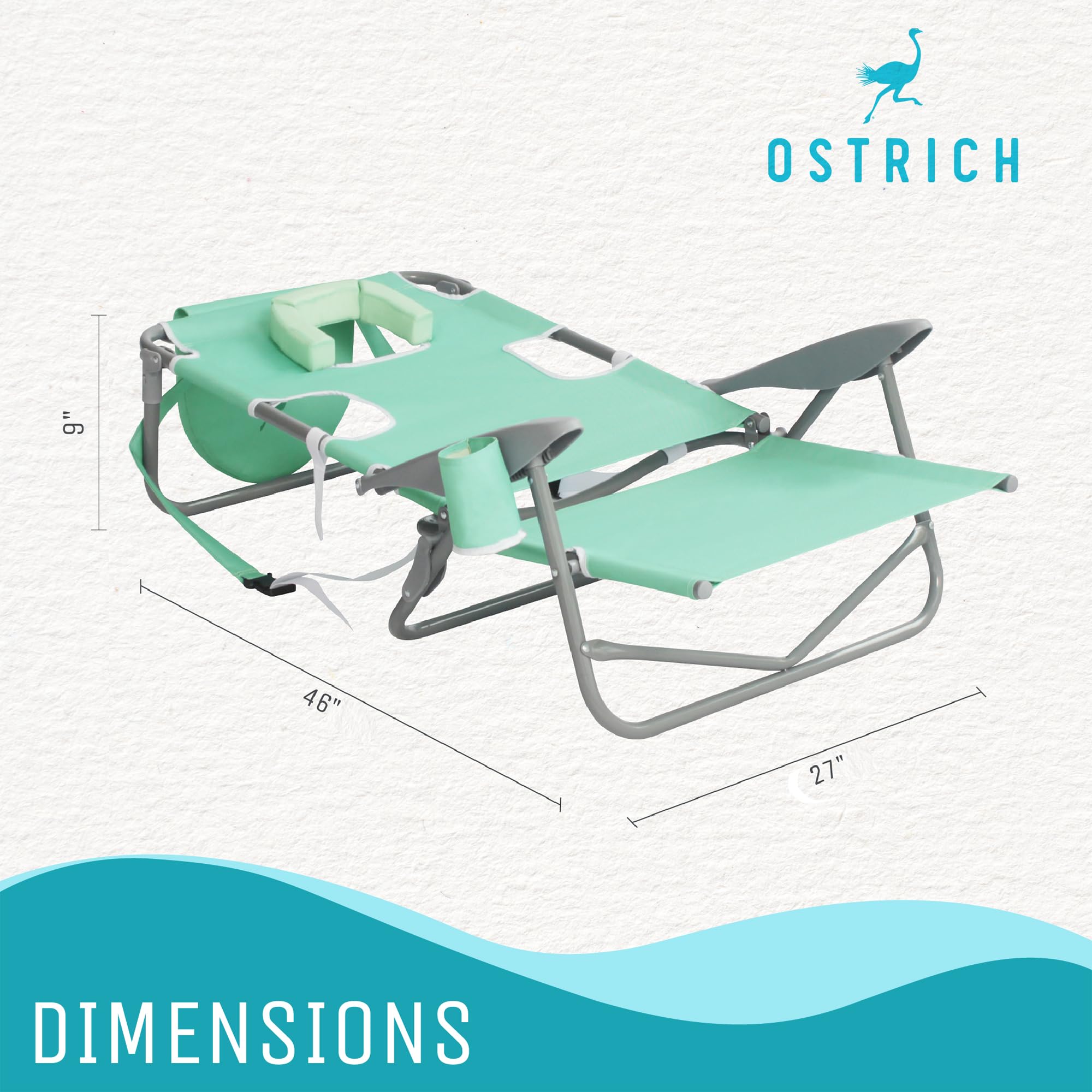 Adjustable Ostrich On Your Back Beach Chair with Face Hole - Portable Lounge Chair with Cup Holder for Tanning, Reading & Relaxing | Heavy Duty Lay Flat Tanning Chair for Adults | Perfect for Beach, Poolside, Backyard & Outdoor Use (Teal)