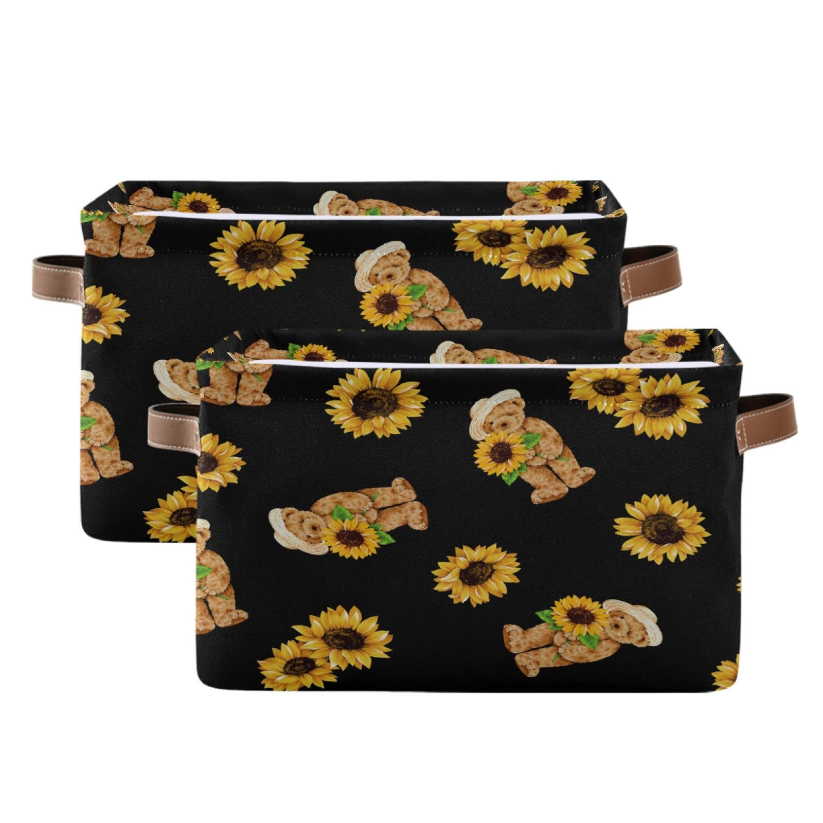 AUUXVA Cute Bear & Sunflower Storage Basket - Durable Collapsible Canvas Toy Organizer Bin with Handles for Bedroom, Closet, Office | Perfect for Kids' Room, Nursery & Home Organization