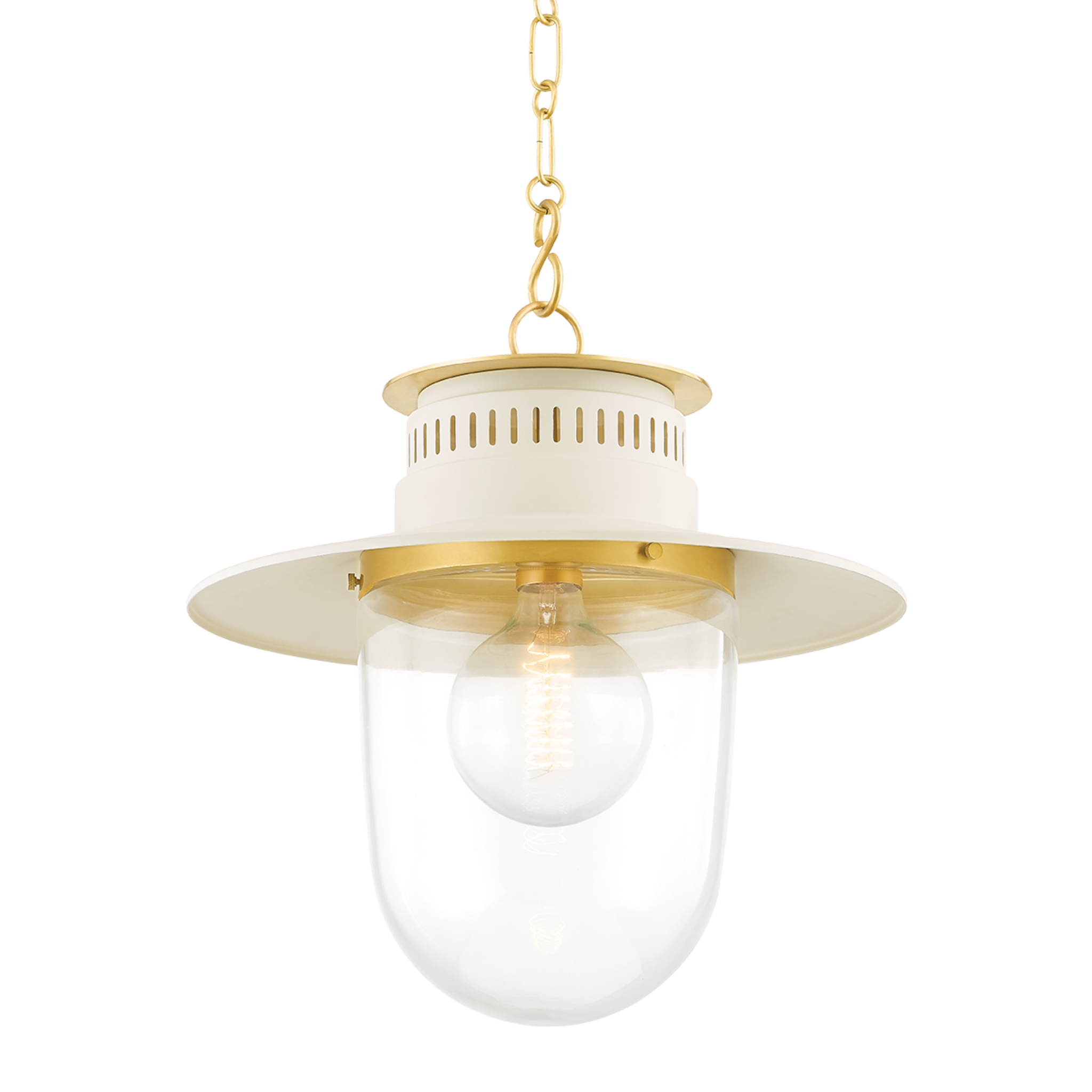 Vintage Aged Brass & Cream Glass Lantern Pendant Light - Farmhouse, Rustic, Industrial Style Ceiling Fixture for Kitchen, Dining Room, Porch, or Entryway