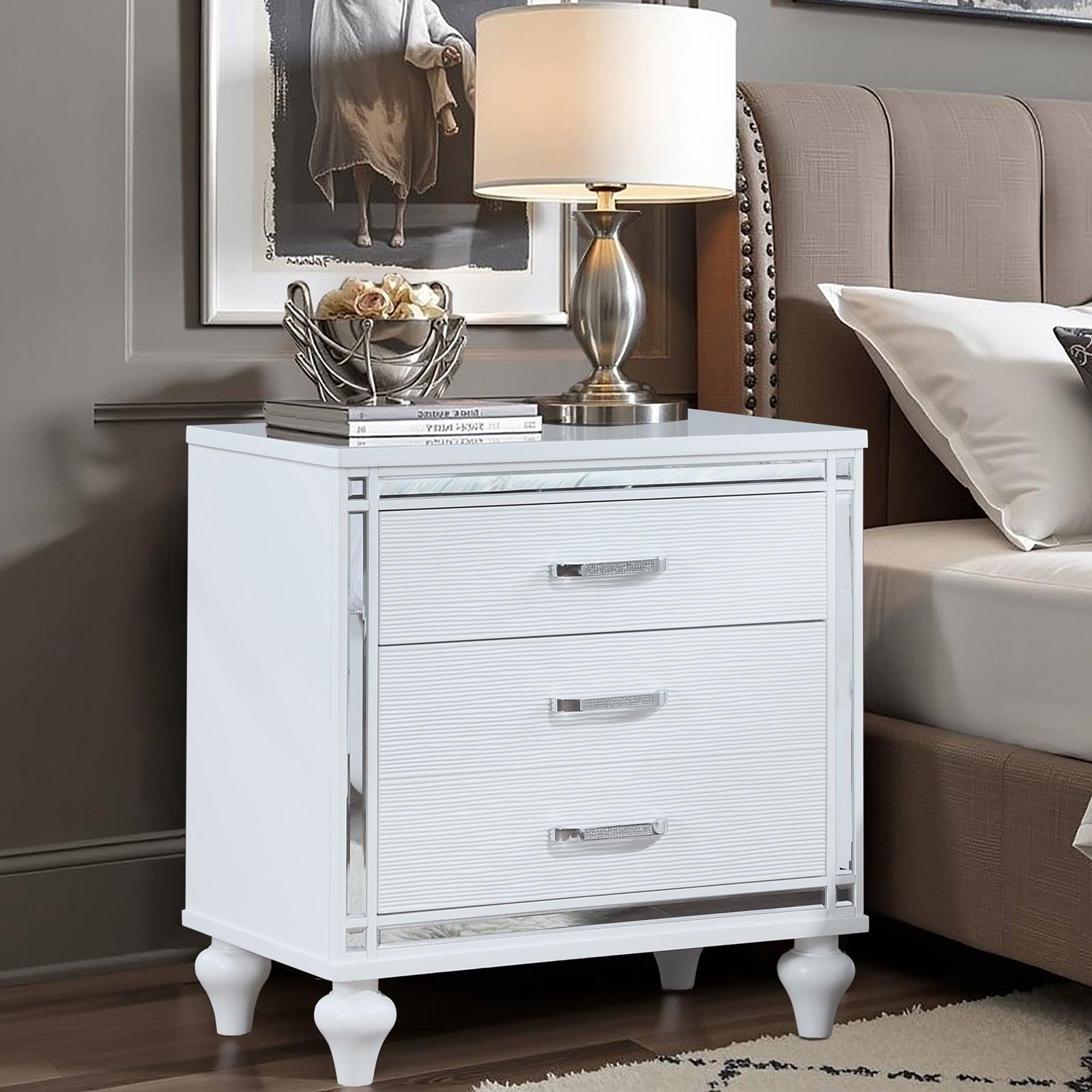 Modern White Nightstand with Mirror Frame & Crystal Pulls - 2 Drawers + Hidden Storage, Bedside Table for Bedroom, Living Room - Perfect for Small Spaces & Apartment Decor