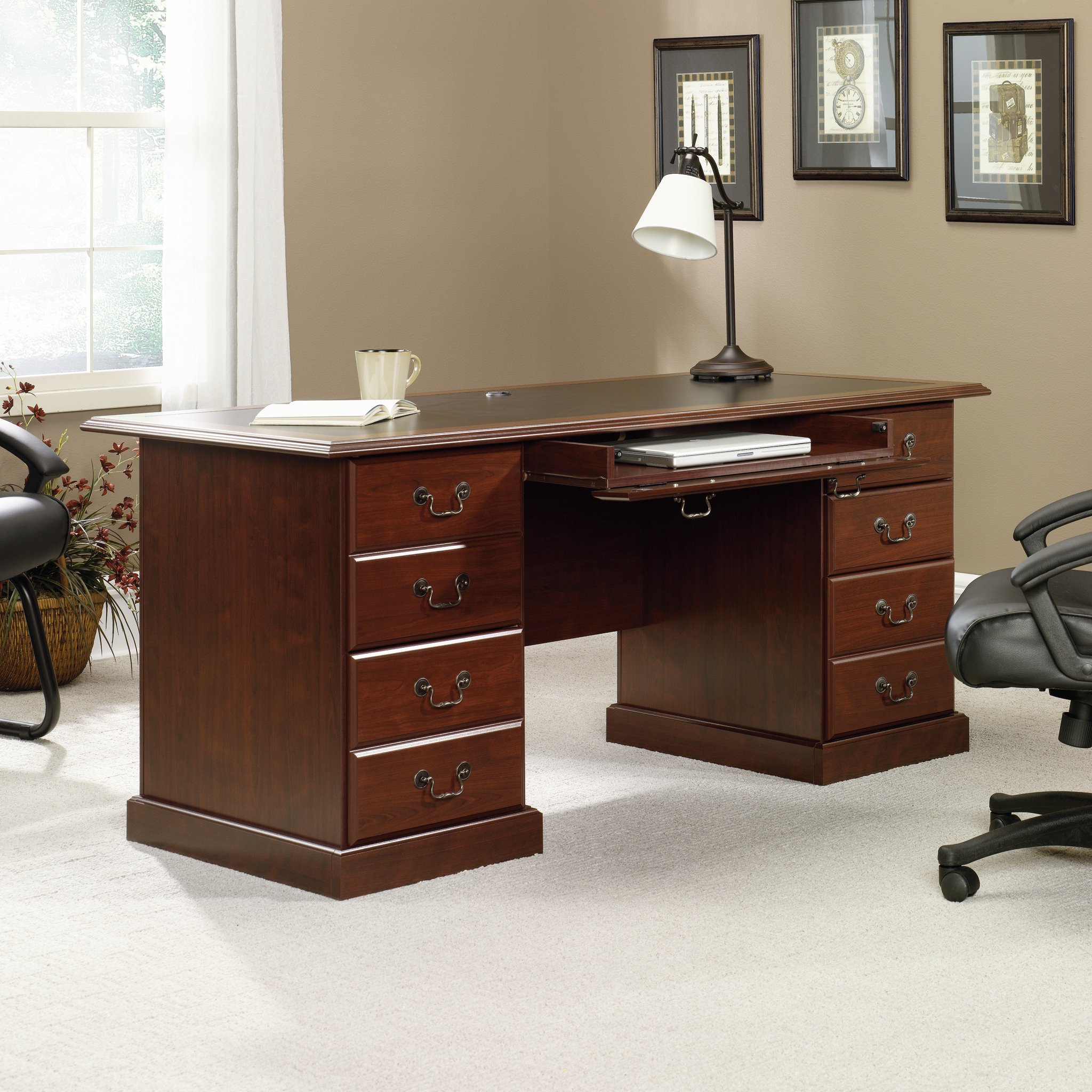 Sauder Heritage Hill Executive Desk - Classic Cherry Finish for Home Office & Workspace | Solid Wood Writing Desk with File Drawer & Keyboard Tray