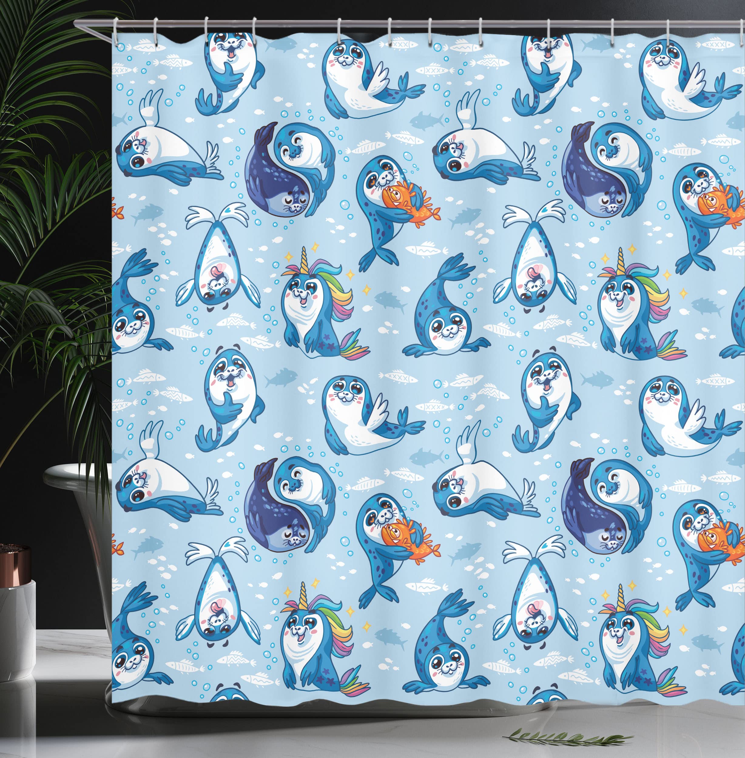 Ambesonne Waterproof Sea Animals Shower Curtain - Seal Pup & Aquatic Wildlife Design with Hugging Bubbles, 69