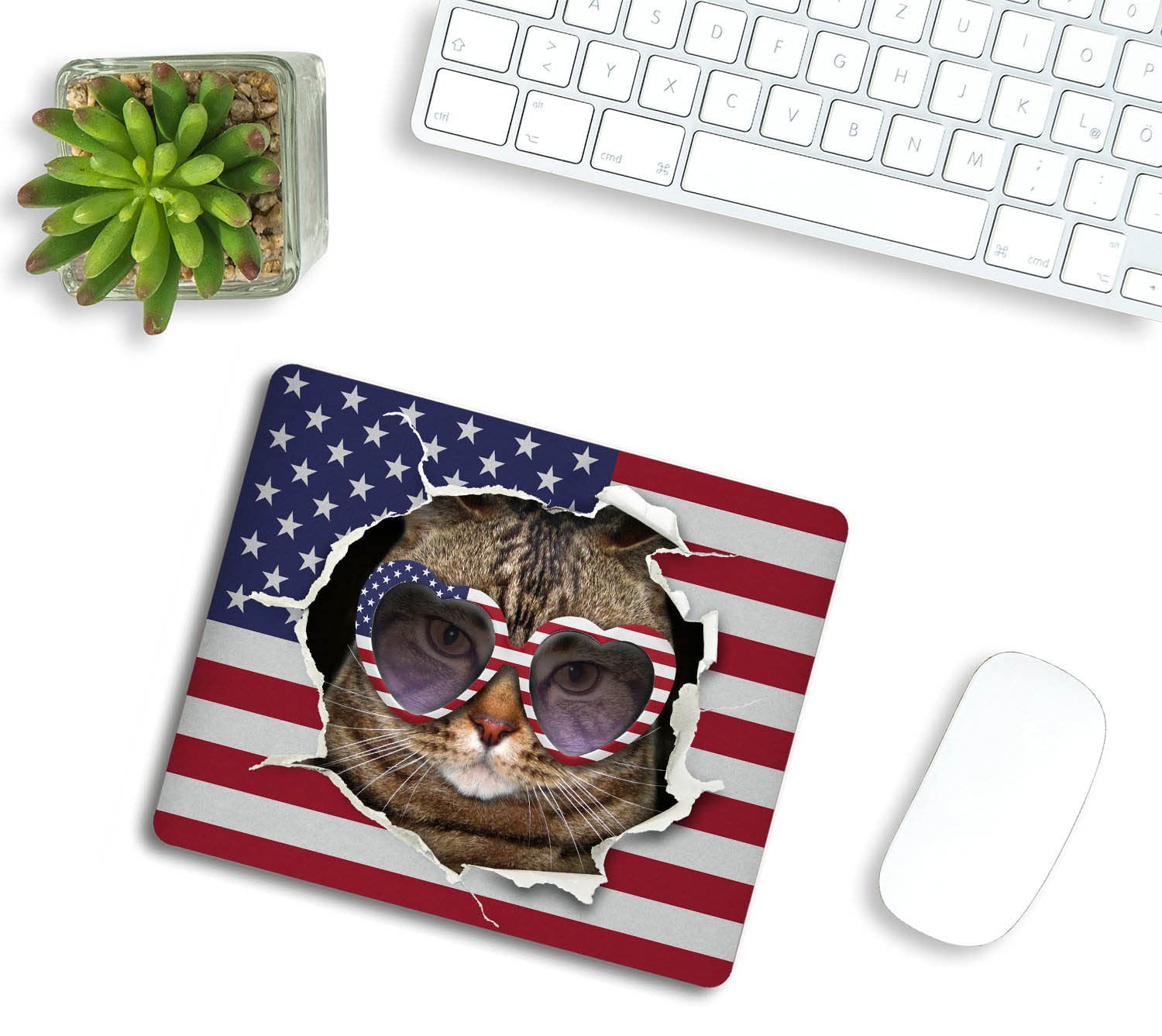 Funny Cat in USA Flag Mouse Pad - Washable Non-Slip Rubber Base Square Cloth Mousepad for Office Laptop & Wireless Mouse - Perfect for Home, Office & Gaming Desks