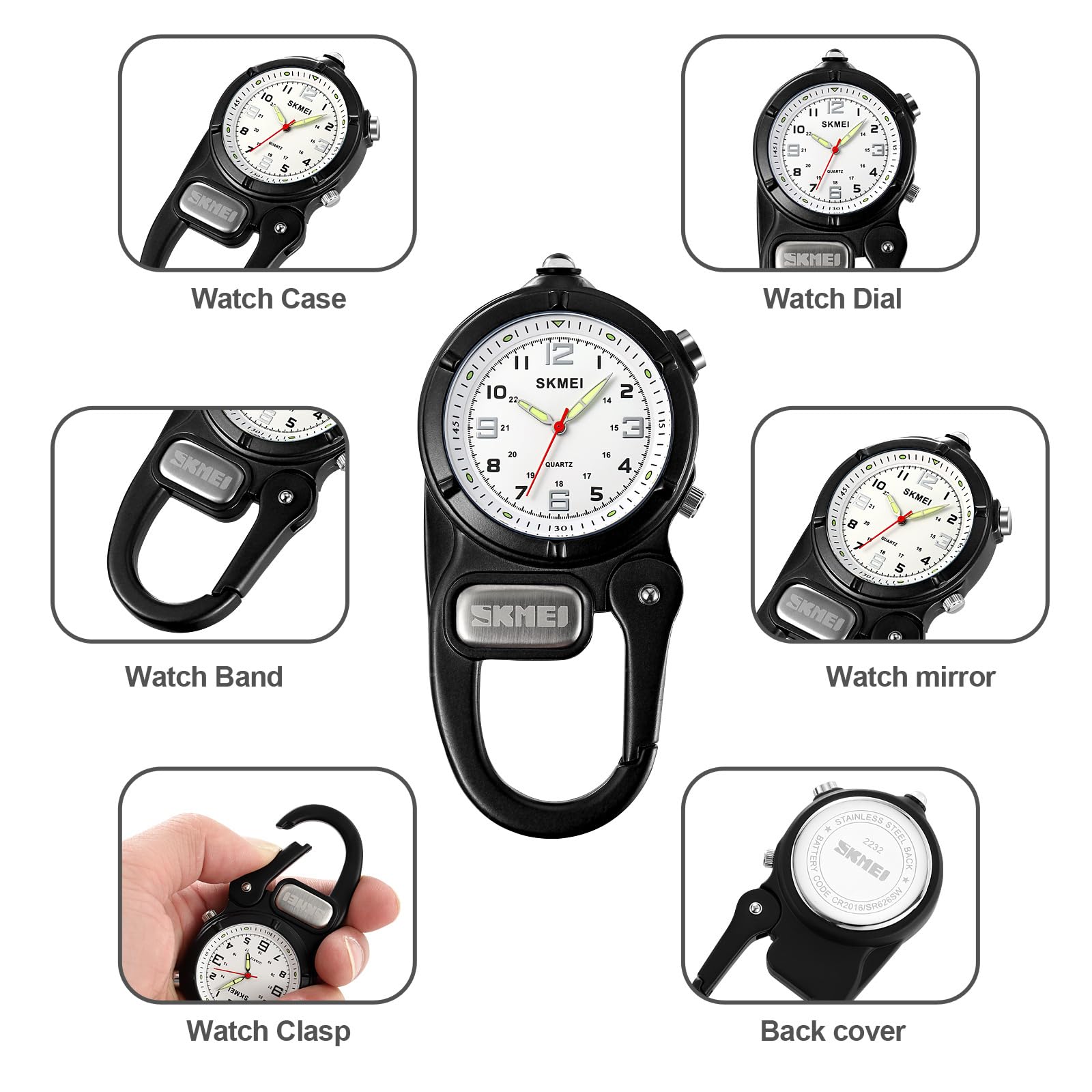 Clip-On Carabiner Watch with Flashlight & Second Hand - Unisex Pocket Watch for Nursing, Backpack, Belt - Portable Outdoor Watch for Field Work, Climbing, Hiking & Sports Activities - Ideal for Camping, Travel & Emergency Situations