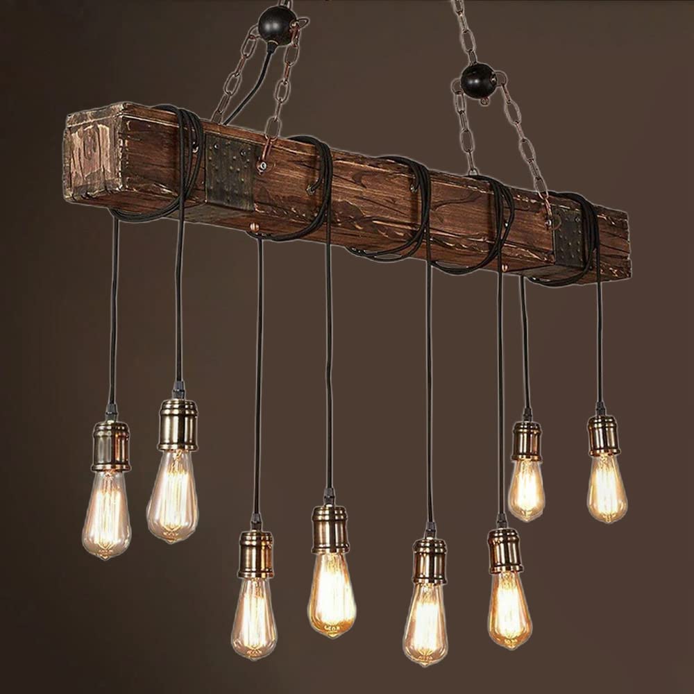 8-Light Wooden Chandelier - Rustic Industrial Pendant Light Fixture with Retro Design for Dining Room, Kitchen Island, Bar, Billiard Table & Pool Table | Perfect for Farmhouse, Loft & Industrial Decor