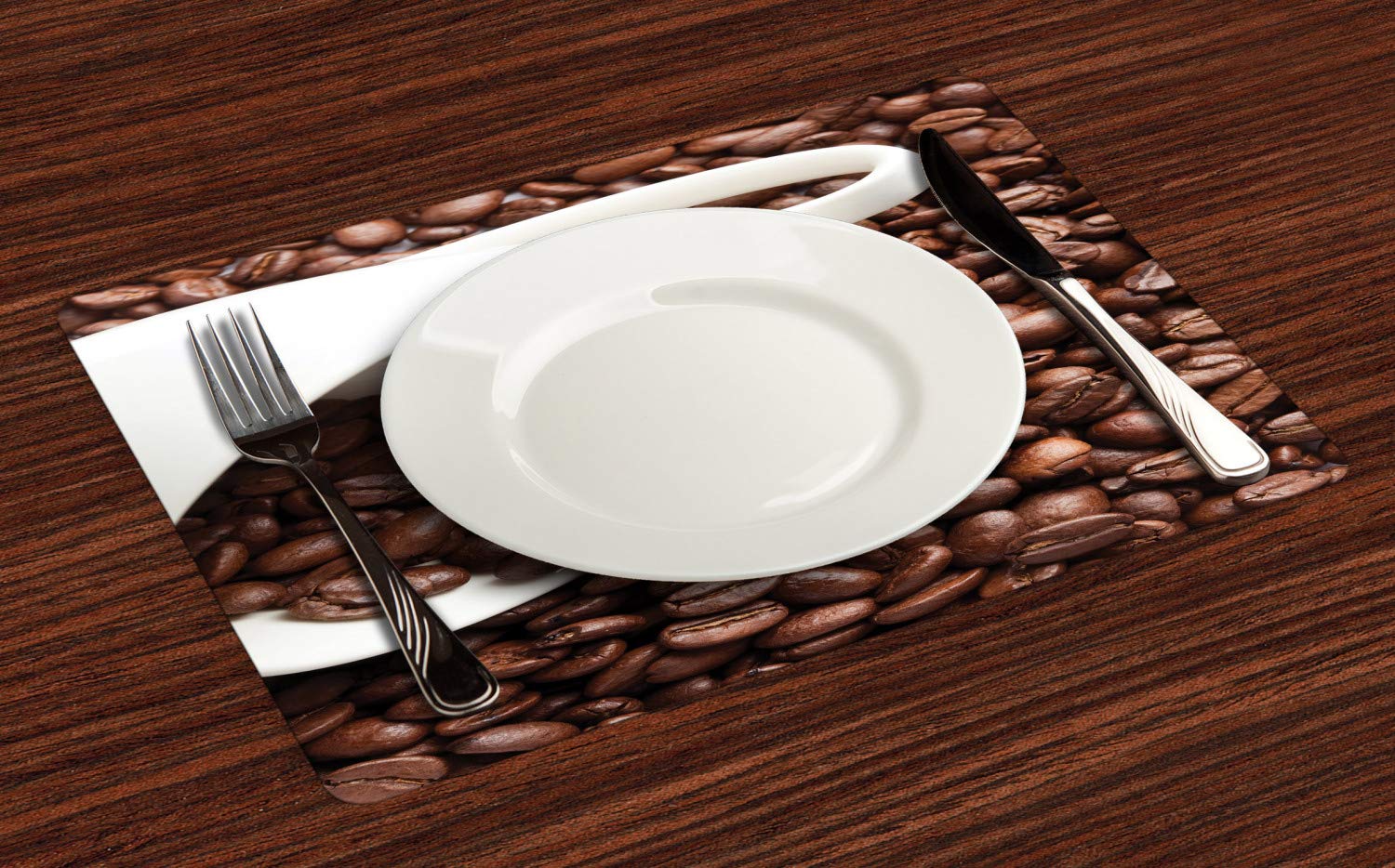 Ambesonne Coffee Themed Place Mats Set of 4 - Realistic Coffee Bean Design, Washable Fabric Table Mats for Dining Room, Kitchen & Office - Standard Size (12x18 inches) in White, Brown & Cinnamon Colors - Perfect for Breakfast Nook, Coffee Shops & Home Decor