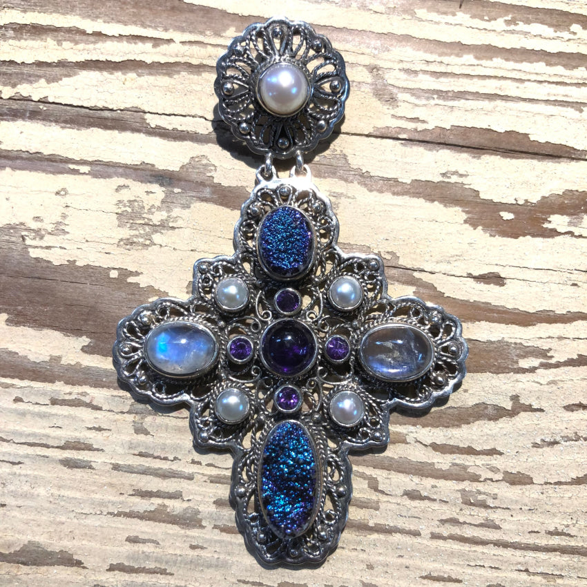 925 Sterling Silver Multi-Gemstone Holy Cross Pendant Necklace - Perfect for Religious Gifts, Baptism, First Communion & Everyday Faith Jewelry