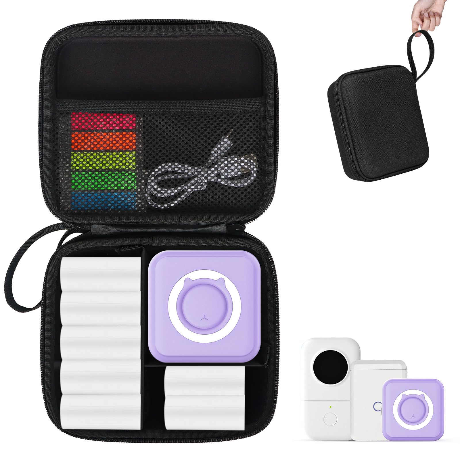 Phomemo T02/Memoking/HUIJUTCHEN Mini Sticker Printer Carrying Case - Portable Hard Travel Storage for Label Maker & Thermal Printer Paper (Black) | Perfect for Office, Travel & Craft Organization