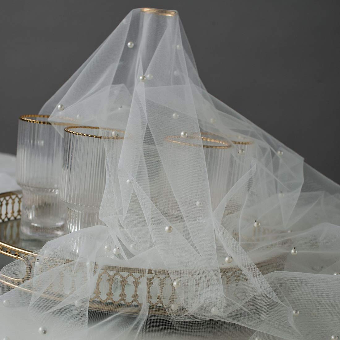 Vctops White Voile Tablecloth with Artificial Pearls - 39x59 Inch Elegant Table Cover & Runner for Romantic Bridal Showers, Weddings, and Photography Props