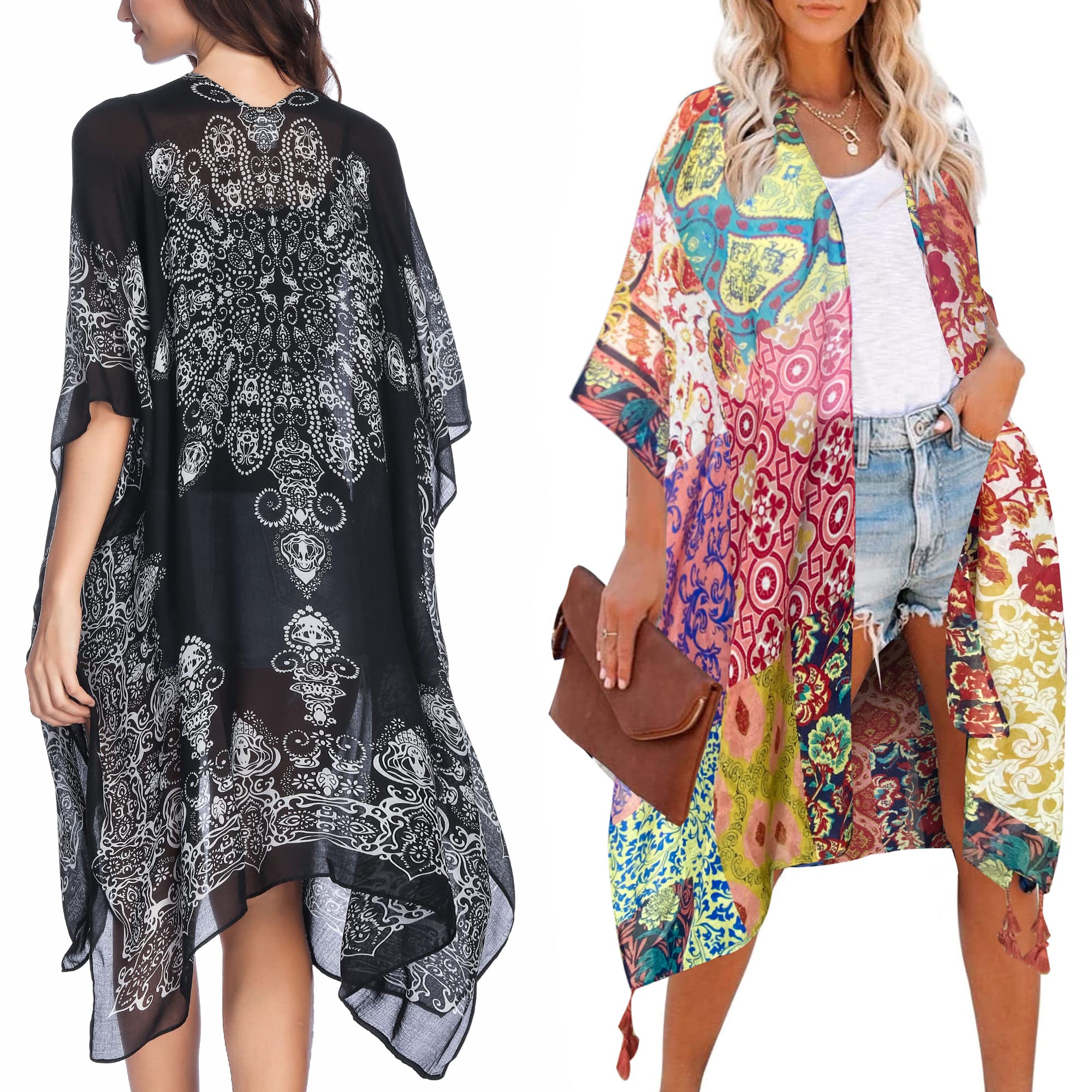 2PCS Floral Print Women's Beach Cover Up Kimono Cardigan - Lightweight Summer Swimwear Wrap for Pool, Beach, and Vacation Outfits