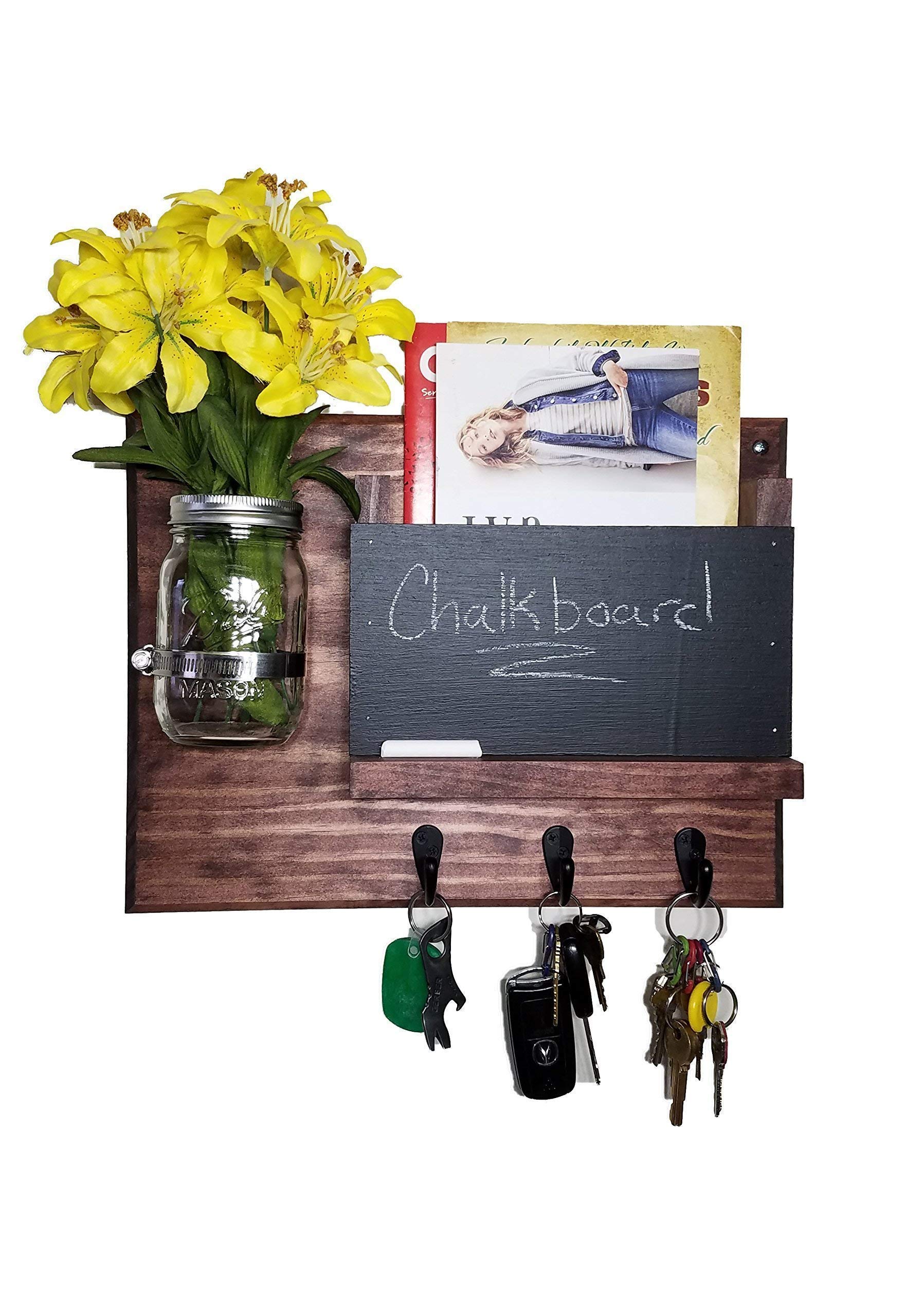 Memo Chalkboard Jefferson Mail Organizer with Decorative Mason Jar Vase & Key Hooks - 20 Stain Options (Red Mahogany) - Rustic Farmhouse Wall Decor & Storage for Entryway, Kitchen, or Office Organization