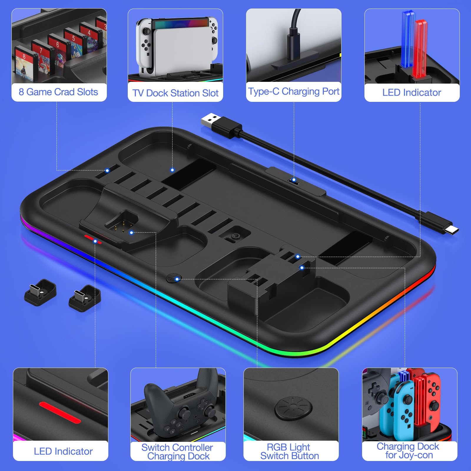 RGB Charging Dock for Nintendo Switch/Switch Lite/OLED - Fast Charging Stand with 8 Game Card Slots & Pro Controller/Joy-Con Holder | Perfect for Gaming Setup, Travel & Multiplayer Sessions