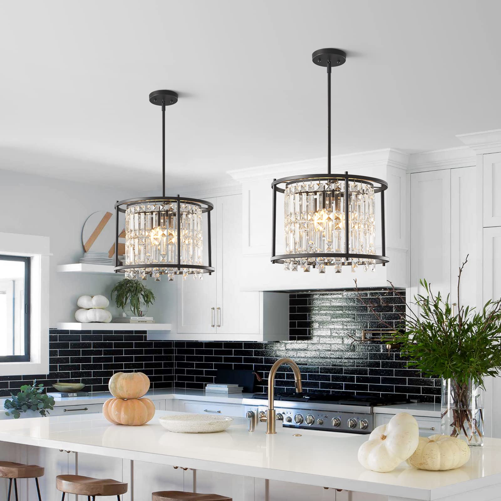 LMQNINE 3-Light Round Industrial Chandelier - 15.74 Inch Black Crystal Pendant Light Fixture for Kitchen Island, Dining Room, Living Room & Entryway | Modern Farmhouse Lighting for Home Decor & Restaurant Ambiance