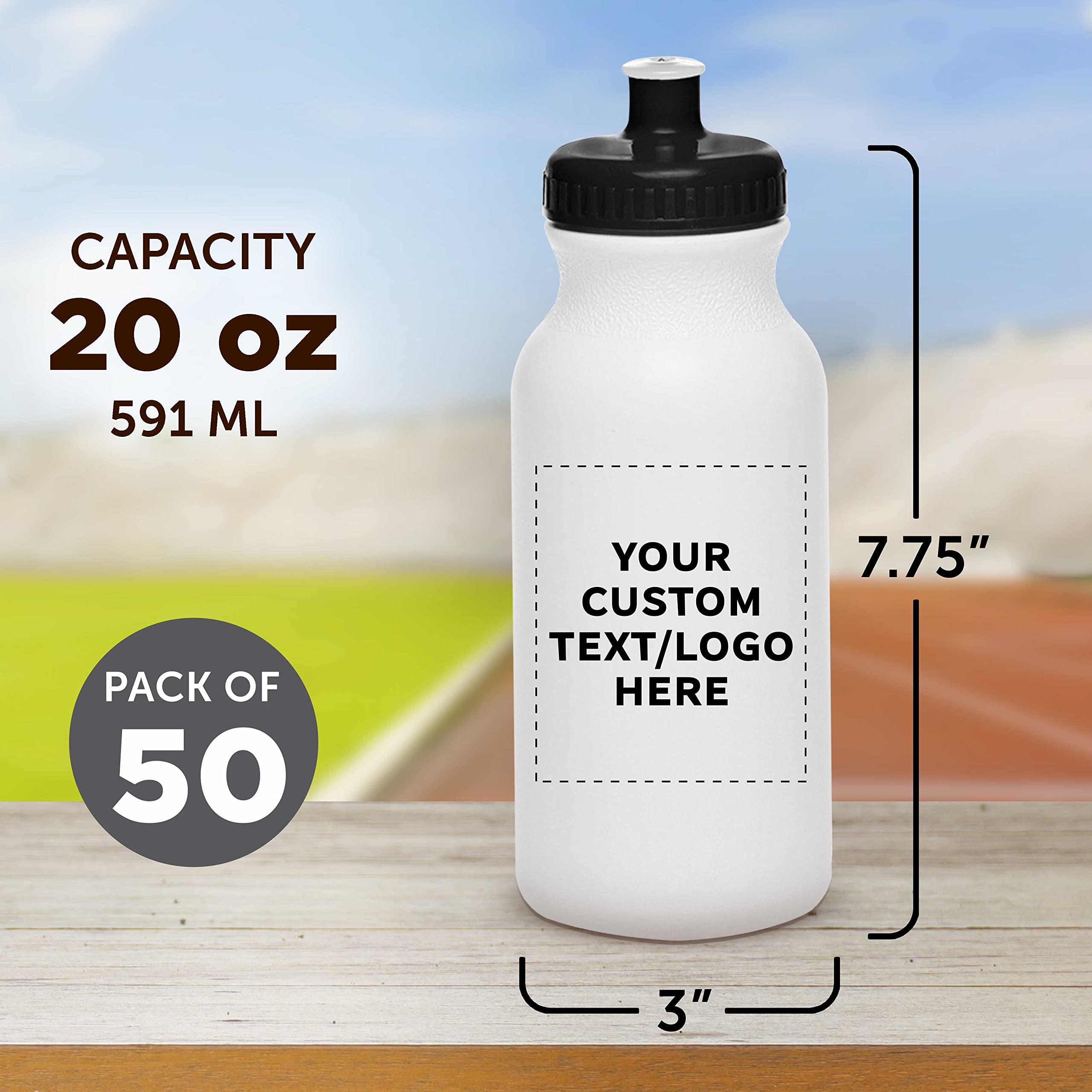 Custom White Water Bottles with Push Cap - 50 Pack, Personalized Text & Logo, 20 oz BPA-Free Reusable Squeeze Bottles in Bulk (White/Black) - Ideal for Promotions, Events, Gyms & Outdoor Activities
