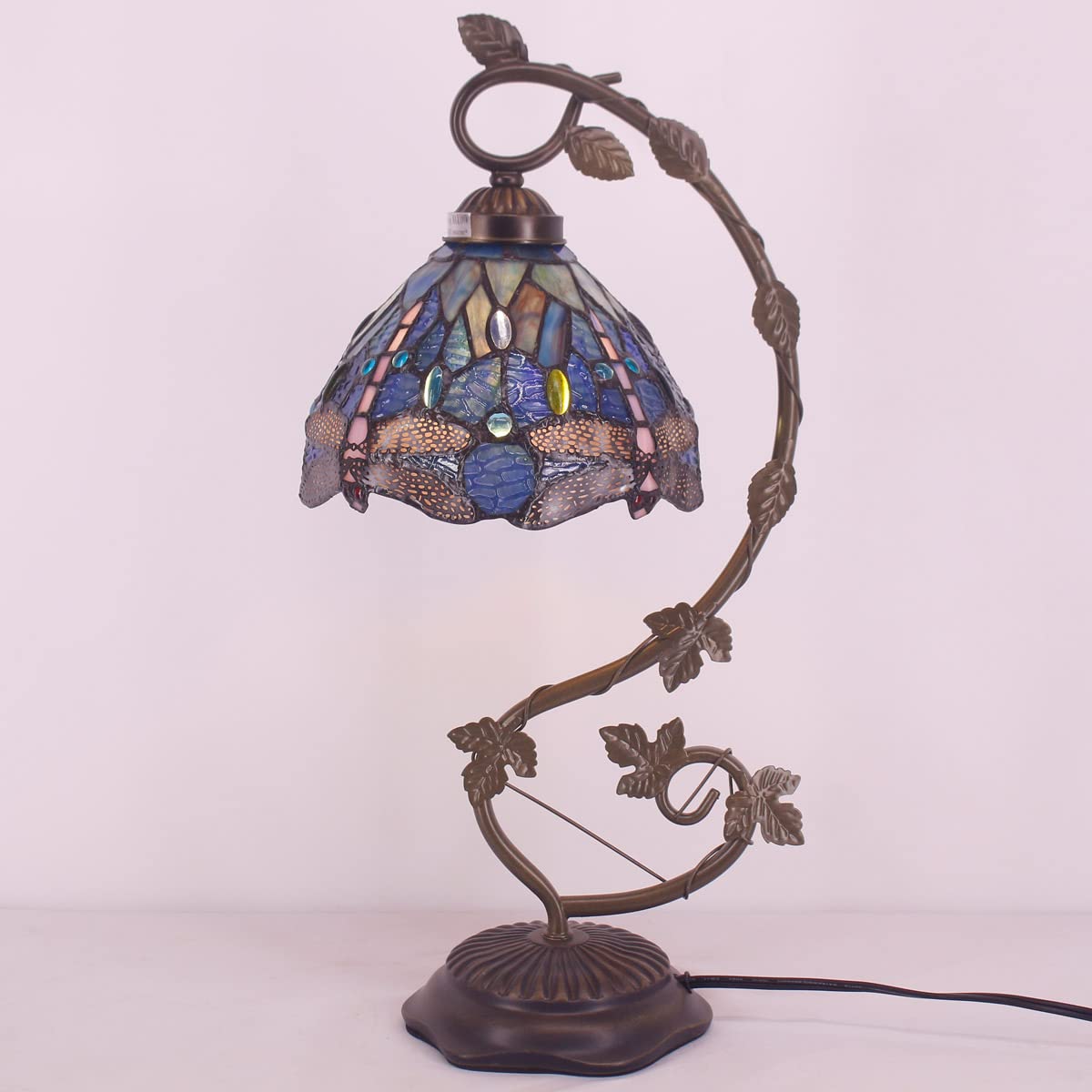 WERFACTORY Tiffany Style Dragonfly Table Lamp - Blue Stained Glass with Metal Leaf Design, 8x10x21 Inches - Perfect for Bedroom, Home Office & Small Space Decor | Reading Light & Ambient Lighting for Cozy Atmosphere (S631 Series)