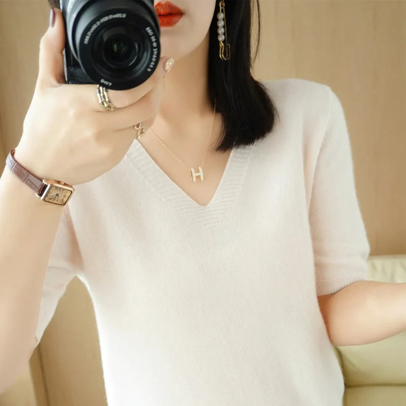 Solid Color V-Neck Half-Sleeve Cashmere Sweater for Women - Soft Thin Knit Casual Top for Office Wear & Fall Layering