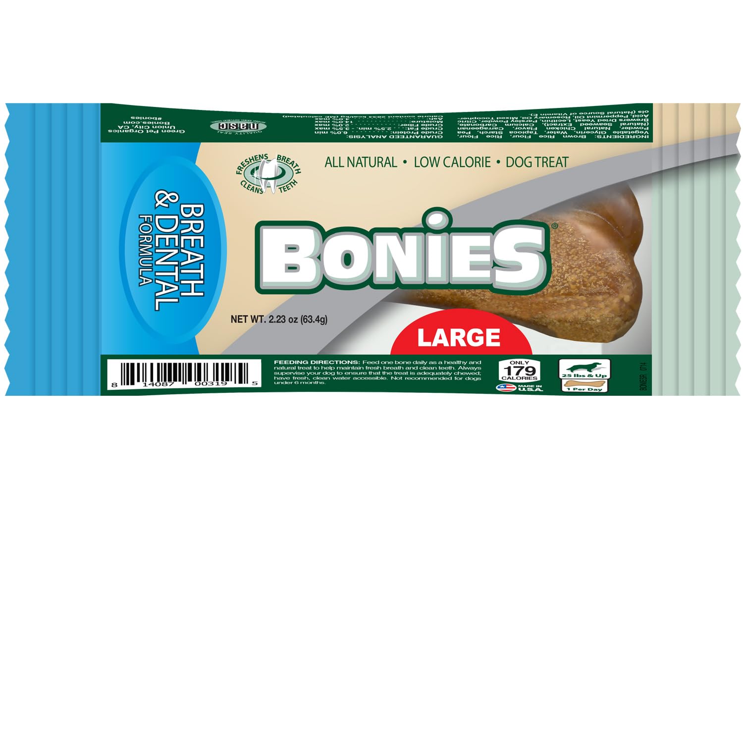 Bonies Natural Breath and Dental Formula Large-Sized Single Bone - All-Natural Ingredients for Fresh Breath & Teeth Cleaning | Low-Calorie Chicken Flavor Dog Treat | Perfect for Dental Care & Chewing Fun at Home or Travel