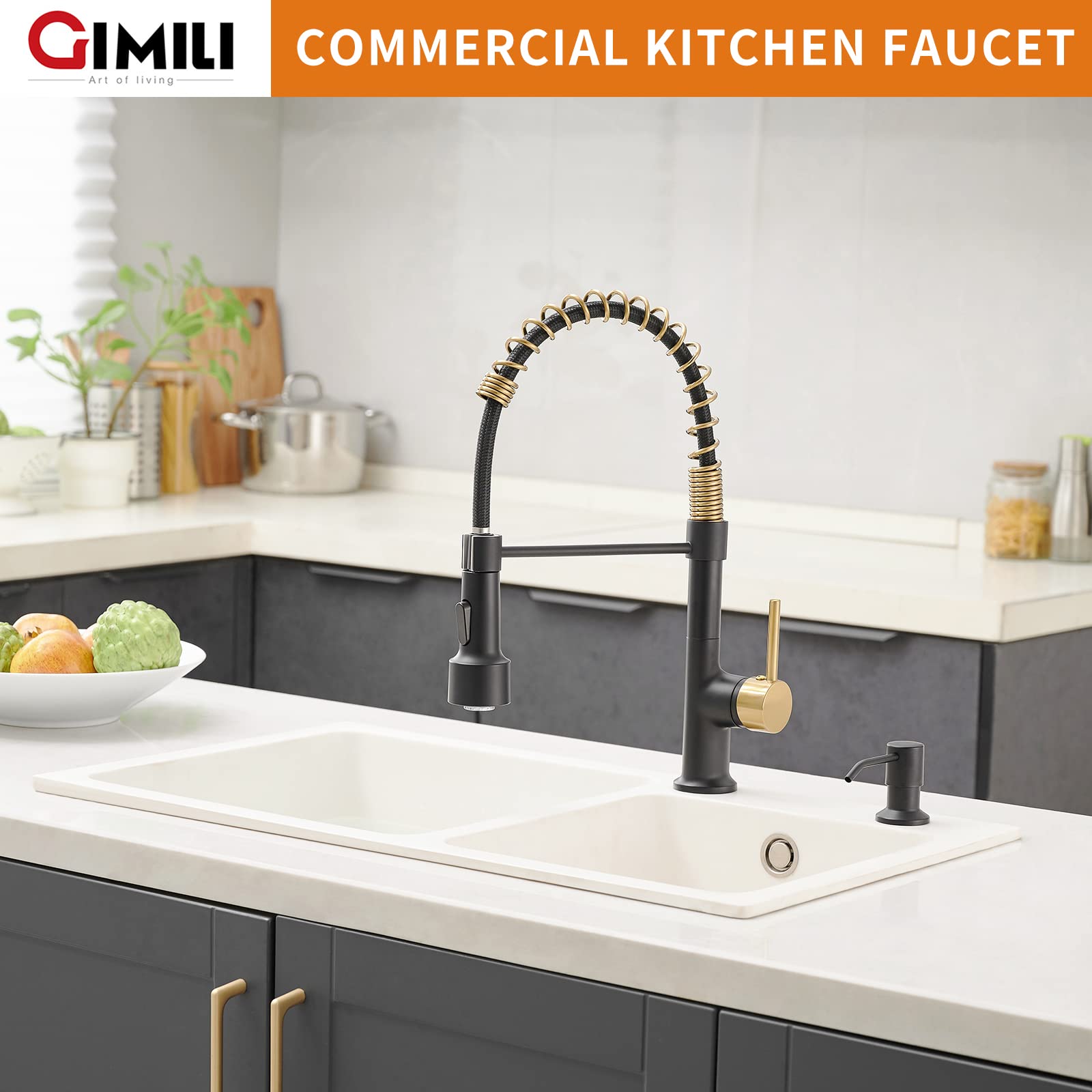 GIMILI Black and Gold Kitchen Faucet with Pull Down Sprayer - LED Light Modern Sink Faucet for Home, Restaurant & Commercial Use