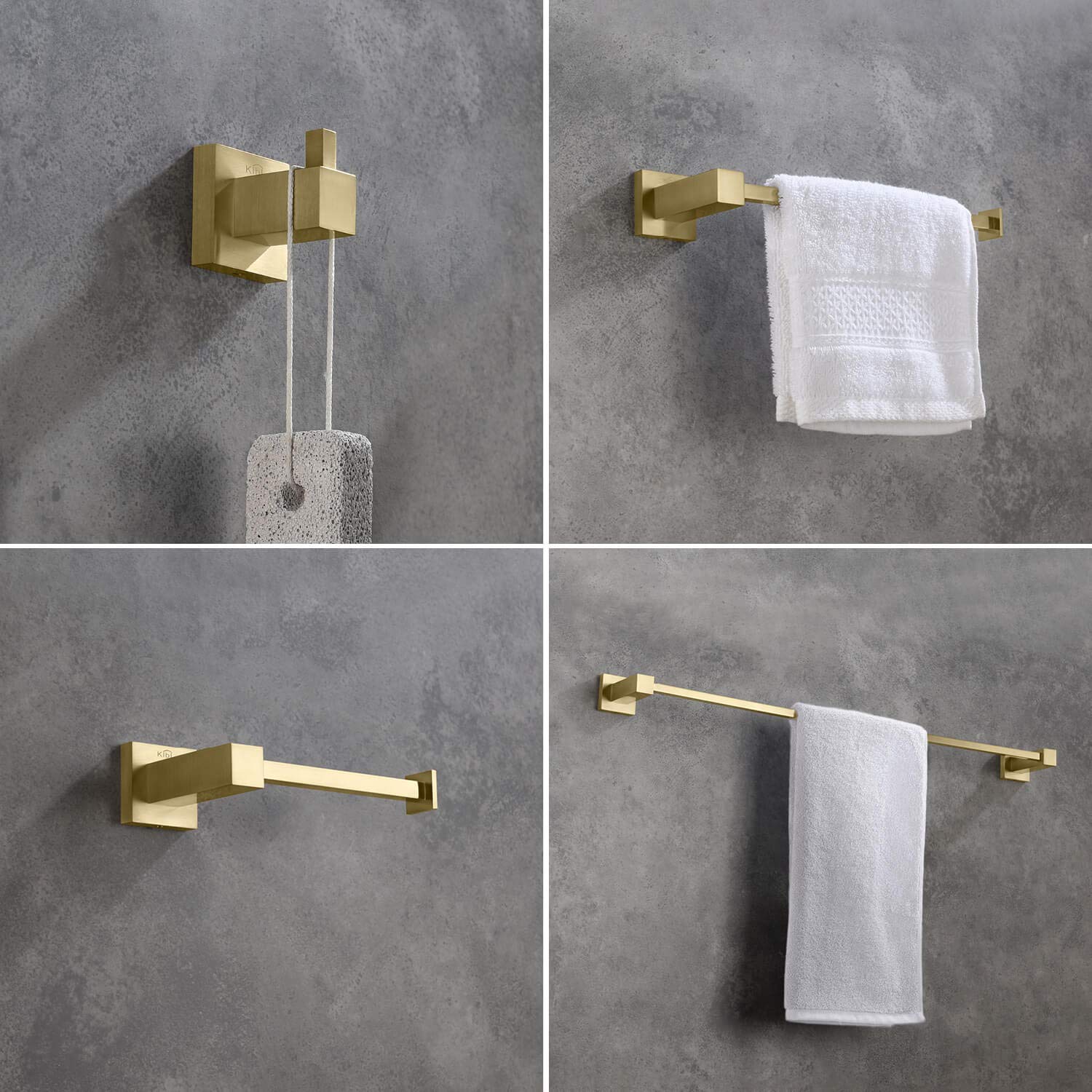 KIBI Cube 4-Piece Bathroom Hardware Set - Solid Brass Towel Bar, Towel Ring, Toilet Paper Holder & Robe Hooks | Brushed Gold Finish | Durable & Stylish for Modern Bathrooms | Perfect for Home, Hotel & Spa Decor (C-KBA15-4)