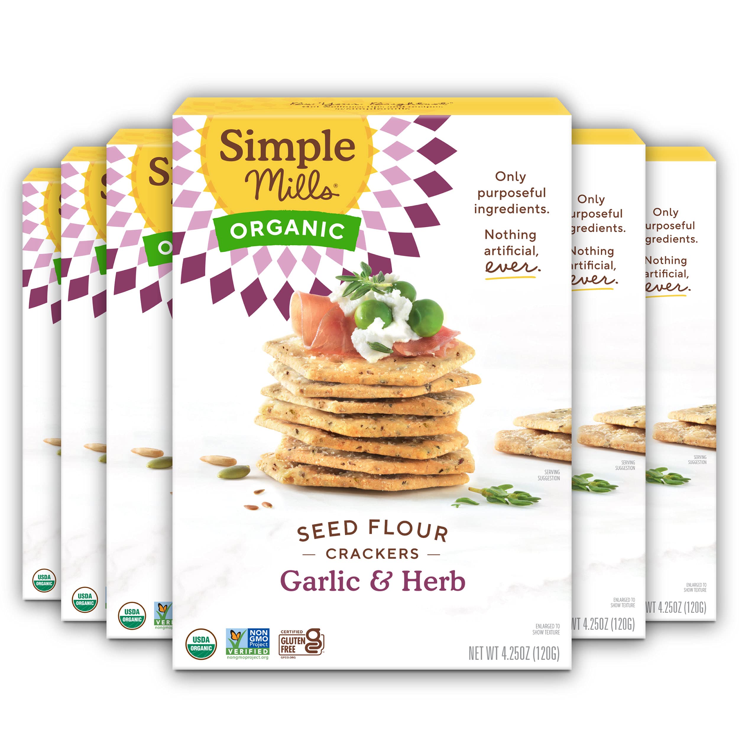 Simple Mills Organic Seed Crackers, Garlic & Herb - Gluten Free, Vegan, Healthy Snacks, Paleo Friendly, 4.25 Oz (Pack of 6) | Crunchy Plant-Based Crackers for Parties, Lunchboxes & Keto Diets