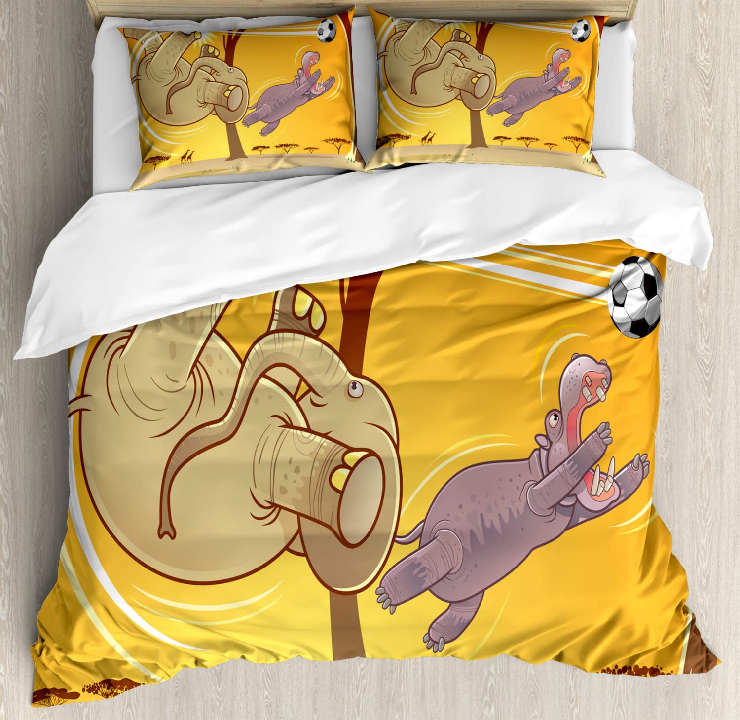 Ambesonne Animal Duvet Cover Set - Hippo Playing Football Cartoon Print King Size Bedding (2 Duvet Covers & 4 Pillowcases) - Orange Umber Purple Design for Kids Room, Teen Bedroom & Dorm Decor