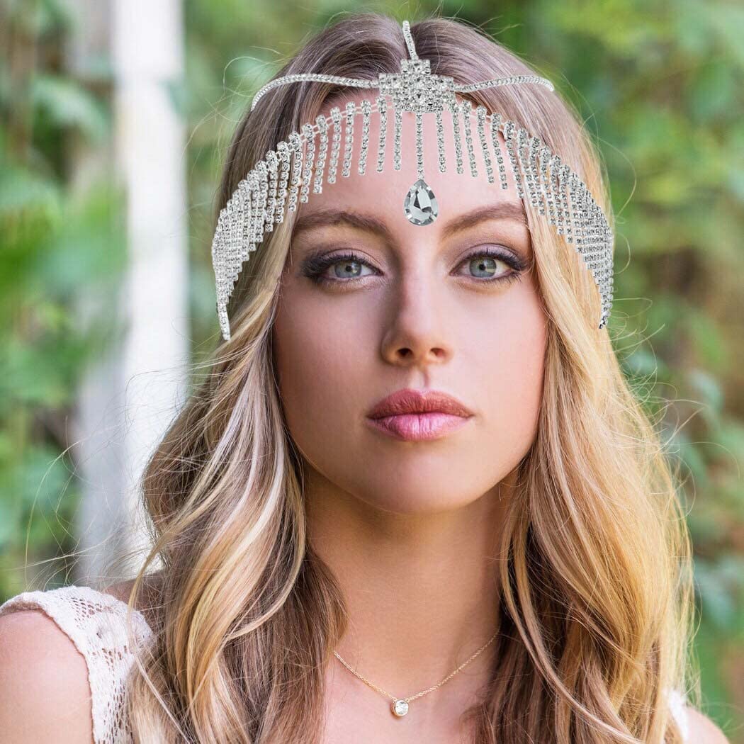 Urieo Silver Layered Rhinestone Head Chain | Crystal Tassel Forehead Jewelry | Bridal Hair Accessories for Women | Perfect for Weddings, Parties & Boho Fashion