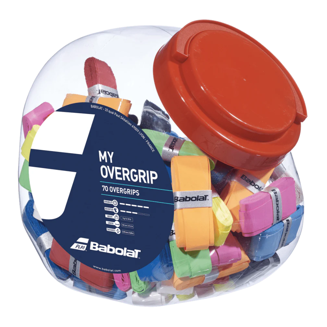 Babolat MY Overgrip Tennis Grip Tape - 70 Pack (Assorted Colors) | Non-Slip Sweat Absorbent Replacement Grip for Tennis, Badminton, Squash & Racquetball Rackets