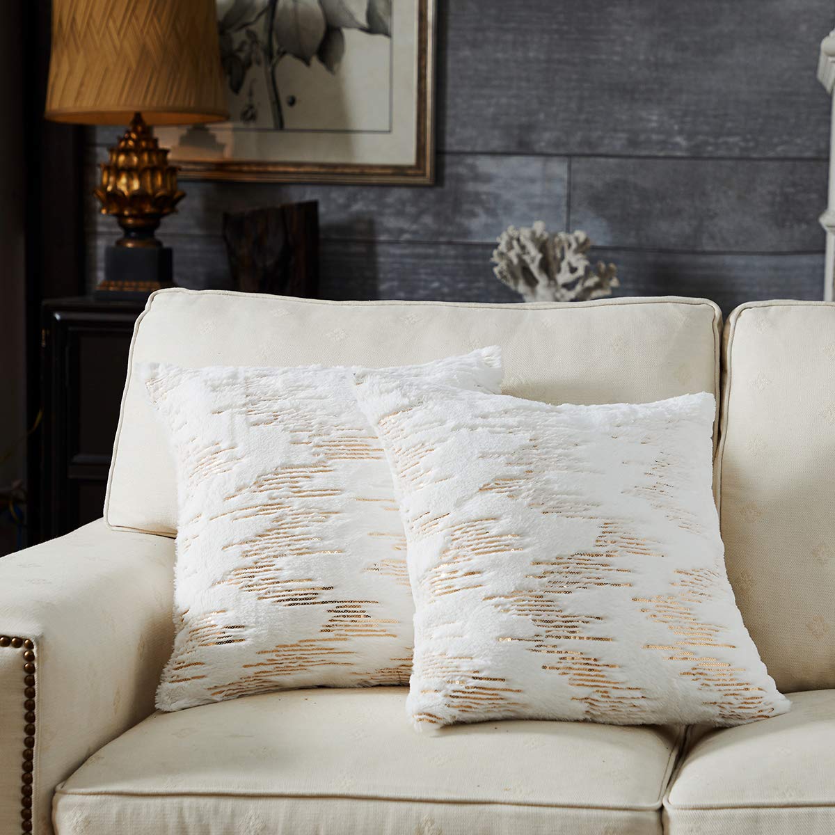 Luxury 18x18 Inch Throw Pillow Covers Set of 2 - White Faux Fur with Gold Embroidered Sequins, Soft Square Cushion Covers for Sofa, Bed & Home Decor (45x45 cm) - Perfect for Farmhouse, Living Room & Bedroom Accent Pillows