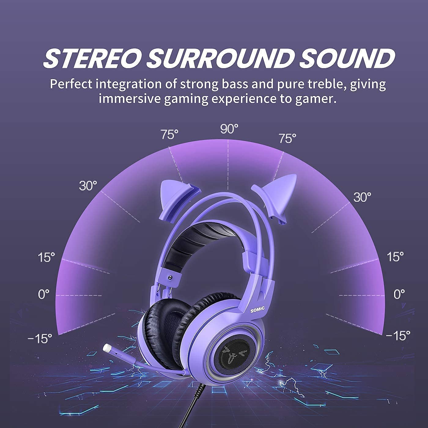 SOMIC G951S Purple Stereo Gaming Headset with Detachable Cat Ears & Black Headphone Stand - Compatible with PS4, PS5, Xbox One, PC, Mobile (3.5mm Jack) - Perfect for Gaming, Streaming & Online Classes