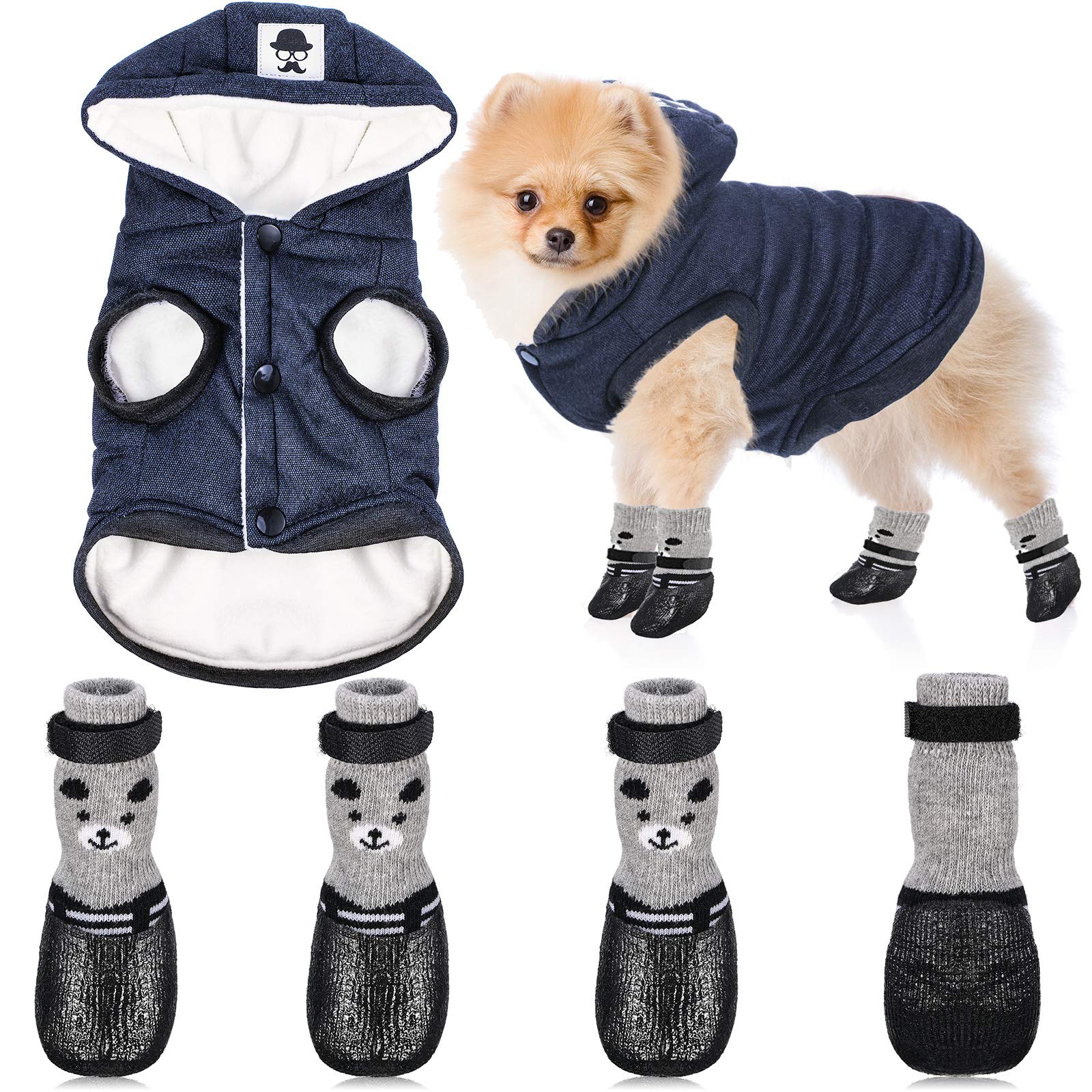 Waterproof Hooded Dog Coat & Non-Slip Dog Boots - Warm Puppy Jacket with Matching Shoes for Small Dogs (Navy Blue, Large) - Perfect for Winter Walks & Outdoor Adventures