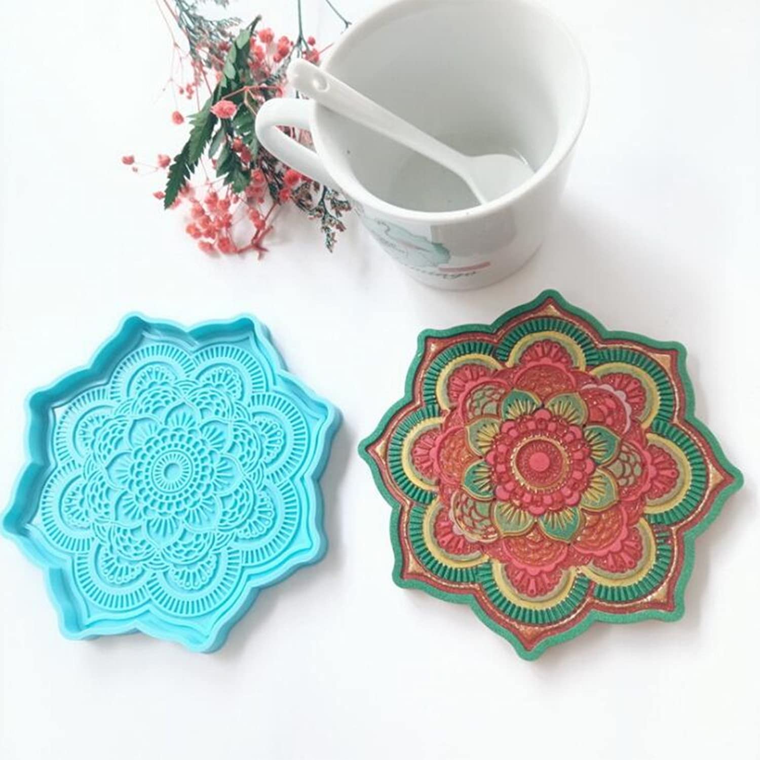 1Pcs/Pack Mandala Flower Coaster Resin Molds - 3D Design Silicone Molds for DIY Round Coasters, Cup Mats, Home Decor (Grid Pattern) - Perfect for Handmade Crafts, Resin Art Projects, and Unique Home Decorations