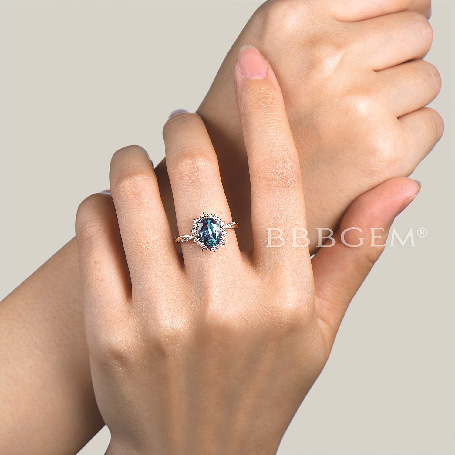 Oval Cut Color Changing Alexandrite Engagement Ring with Diamond Halo & Twisted Band – Perfect for Proposals, Anniversaries & Special Occasions