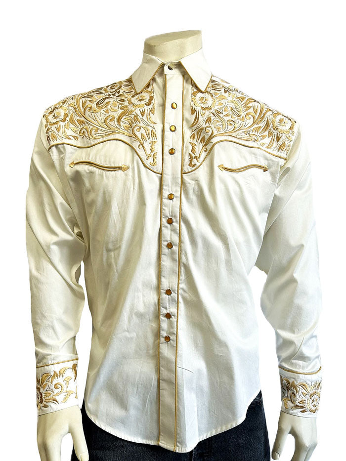 Rockmount 6859 IG Men's Vintage Tooling Embroidered Western Shirt Ivory Gold - Classic Cowboy Style for Rodeo, Country Music & Western Fashion